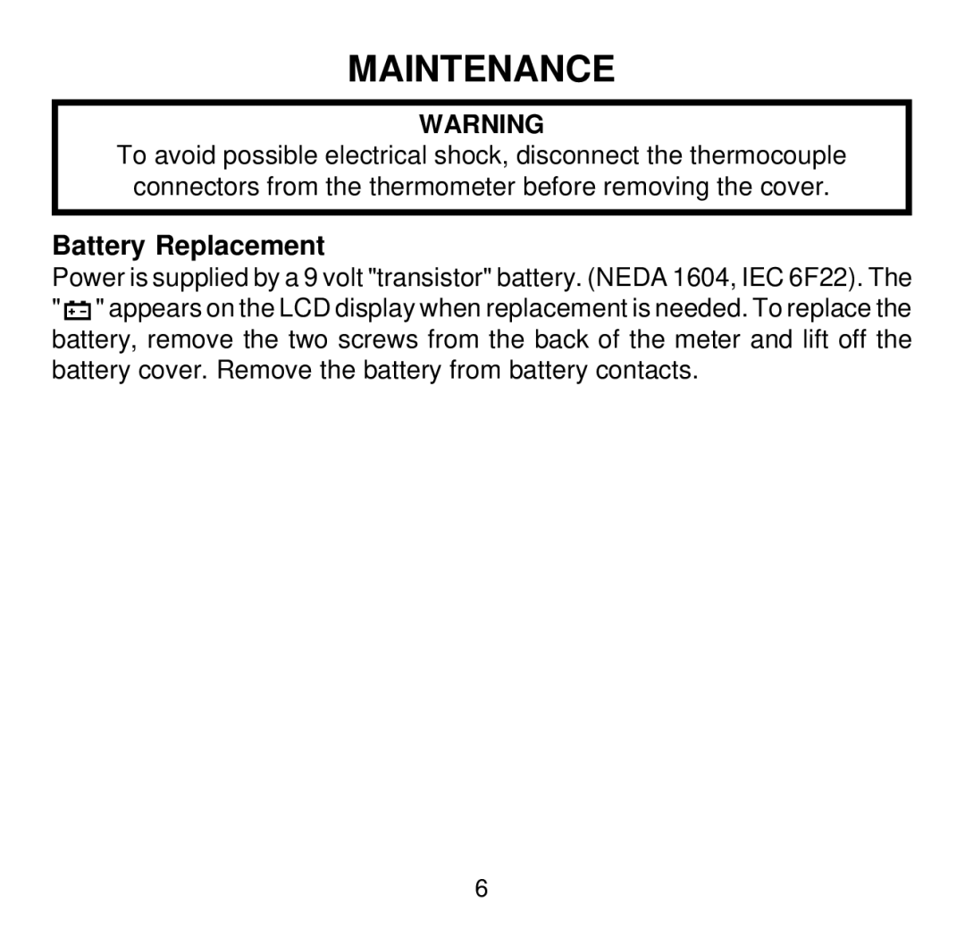 Omega HH501DK manual Maintenance, Battery Replacement 