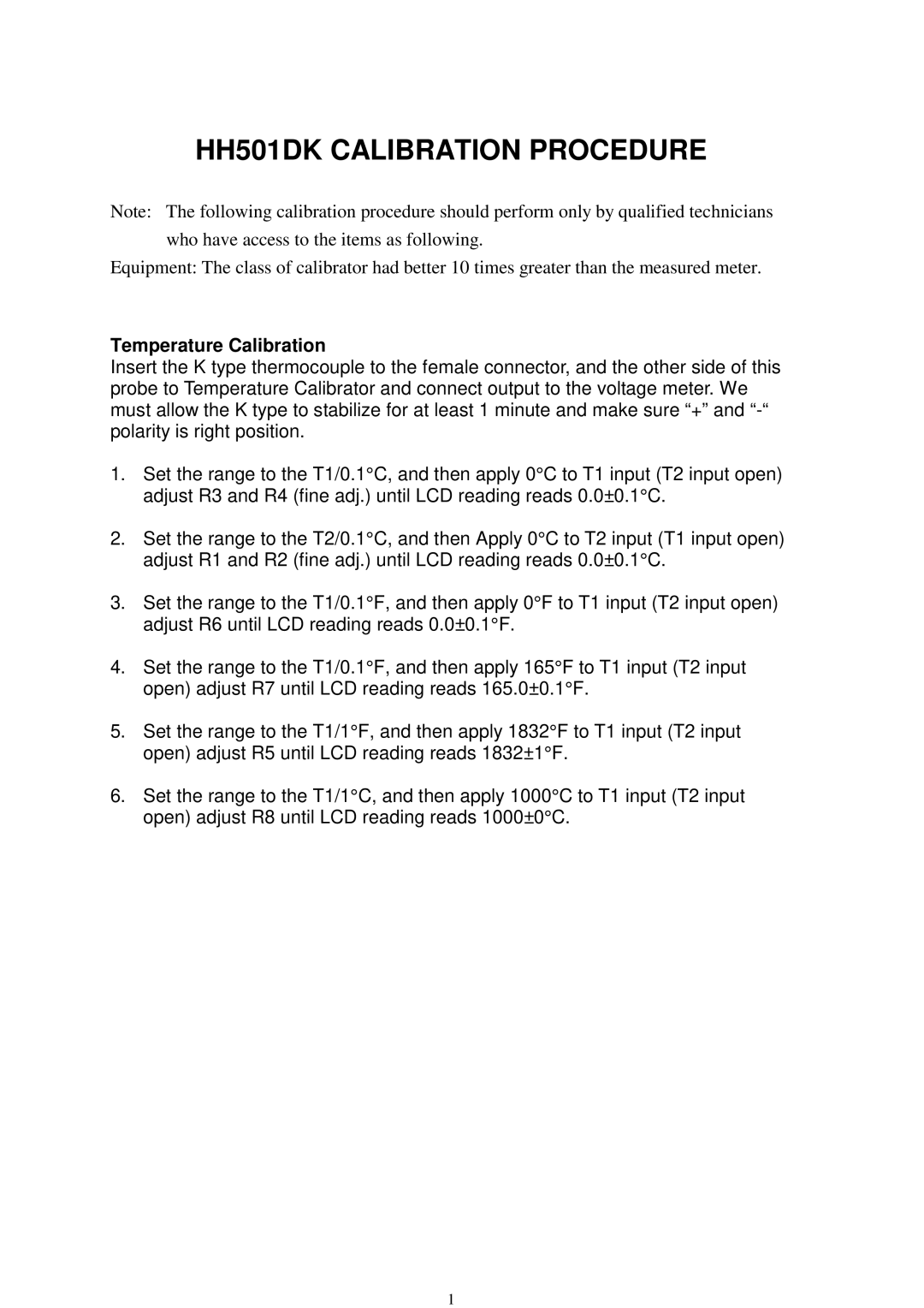 Omega manual HH501DK Calibration Procedure 