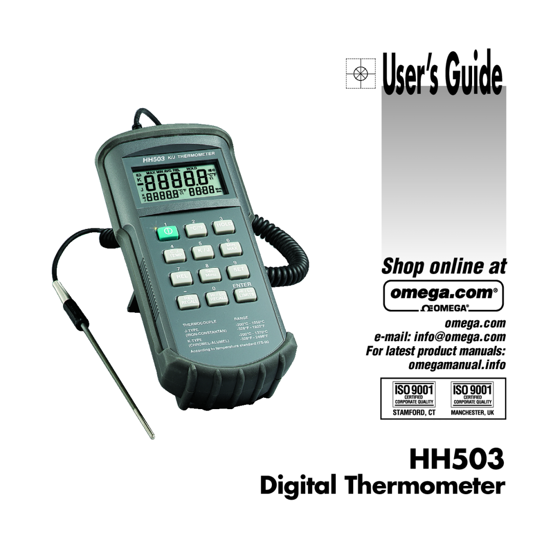 Omega HH503 manual User’s Guide, Digital Thermometer, Shop online at 