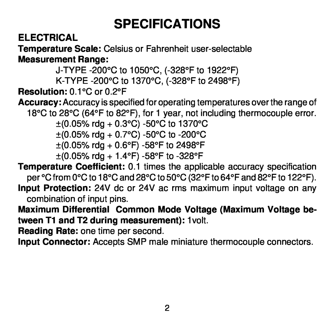 Omega HH503 manual Specifications, Electrical, Measurement Range 