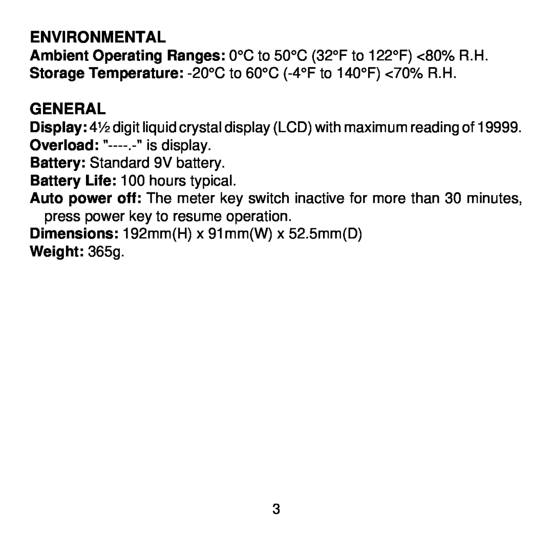 Omega HH503 manual Environmental, General, Weight 365g 