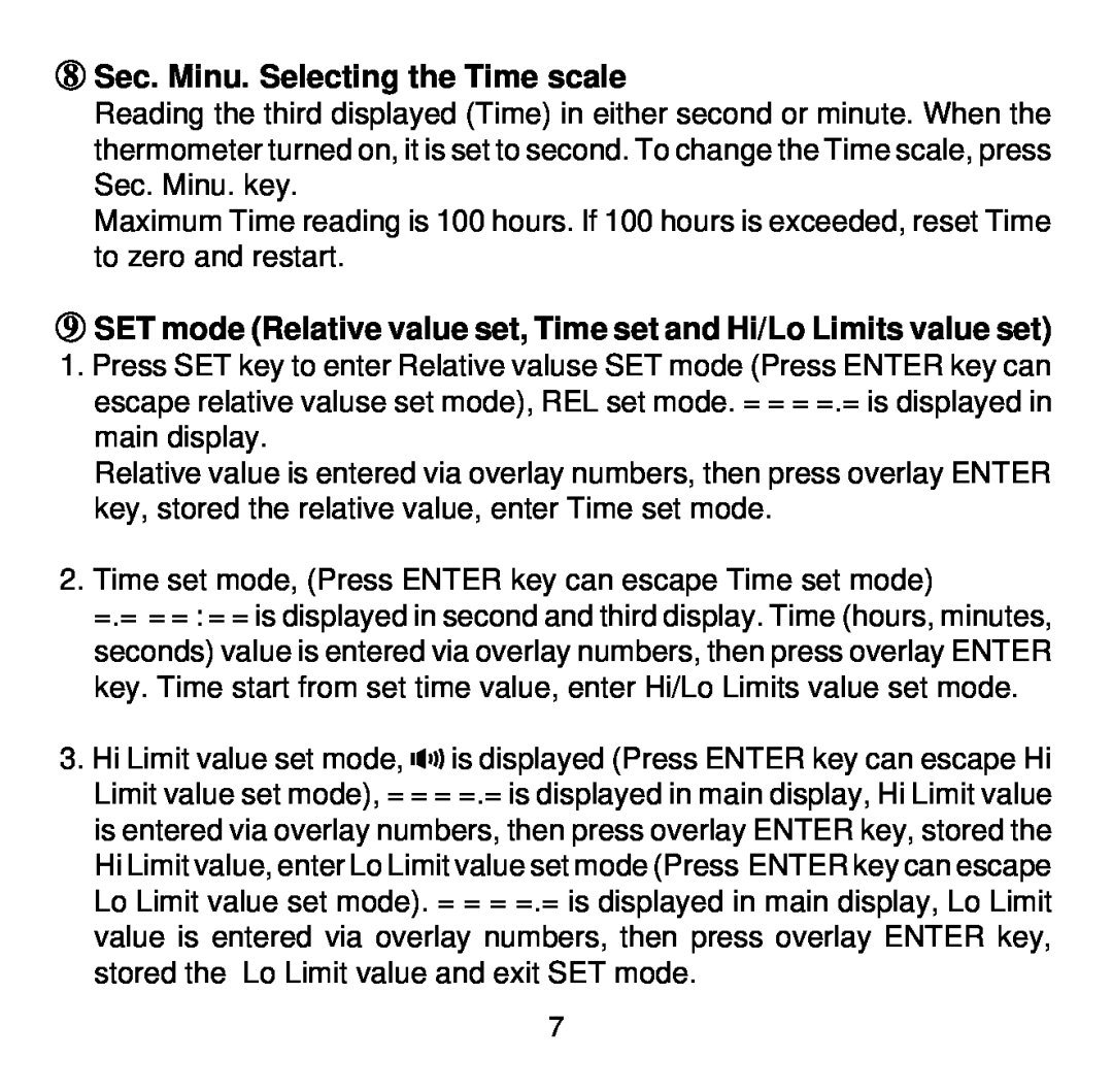 Omega HH503 manual 8 Sec. Minu. Selecting the Time scale, SET mode Relative value set, Time set and Hi/Lo Limits value set 
