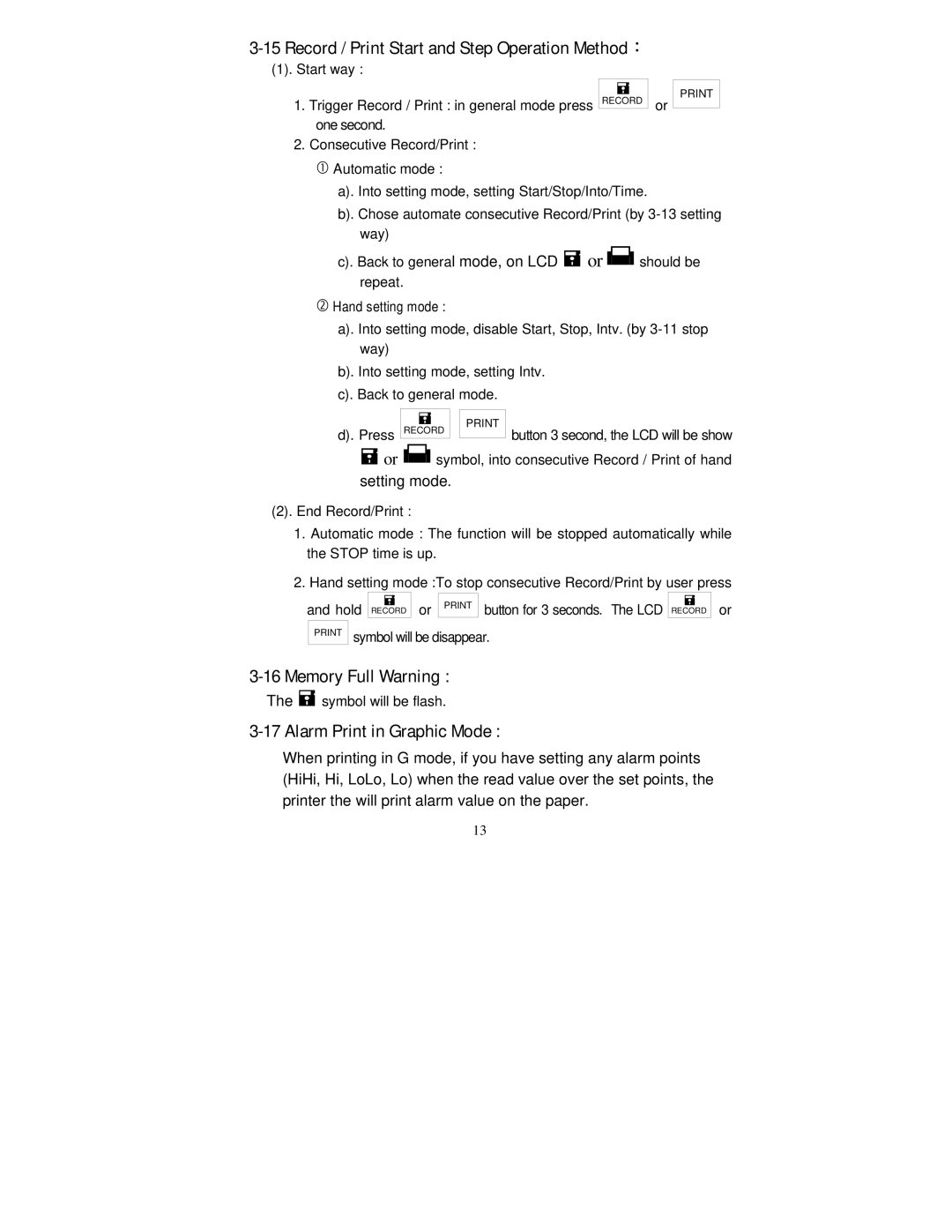 Omega HH550 manual Record / Print Start and Step Operation Method： 