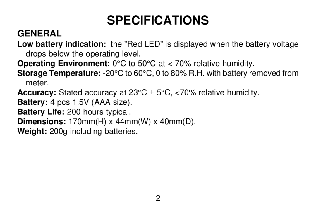 Omega HHLM-1MV manual Specifications, General 