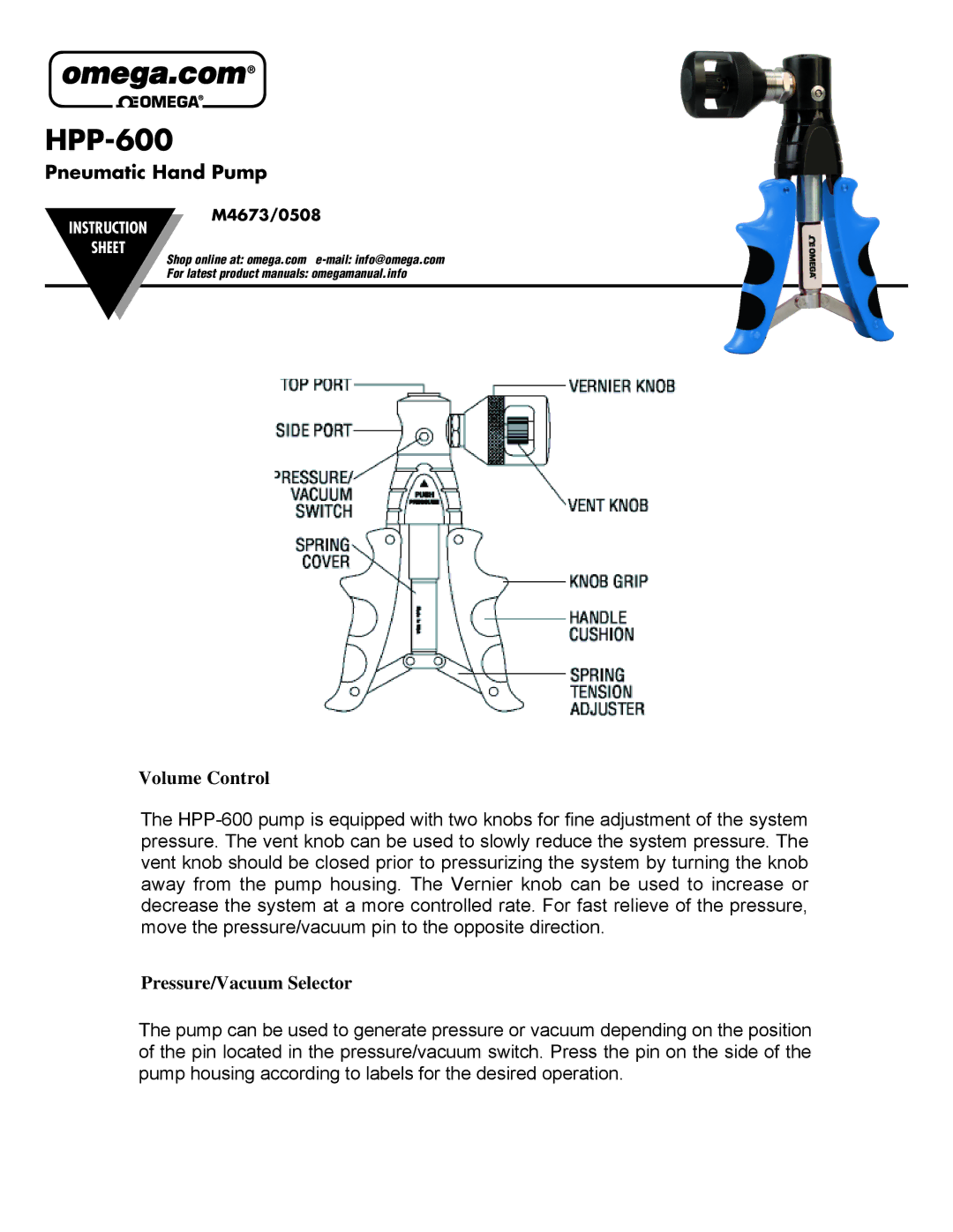 Omega HPP-600 instruction sheet Pneumatic Hand Pump, Volume Control, Pressure/Vacuum Selector 