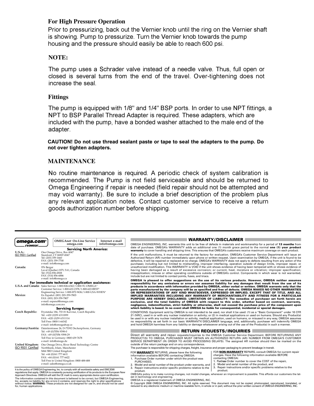 Omega HPP-600 instruction sheet For High Pressure Operation, Fittings, WARRANTY/ Disclaimer, Return REQUESTS/ Inquiries 