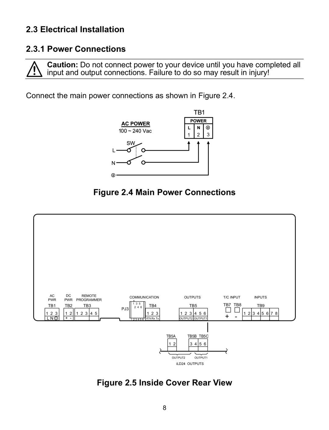 Omega ILD44-UTP, ILD24-UTP manual Electrical Installation Power Connections, Main Power Connections 