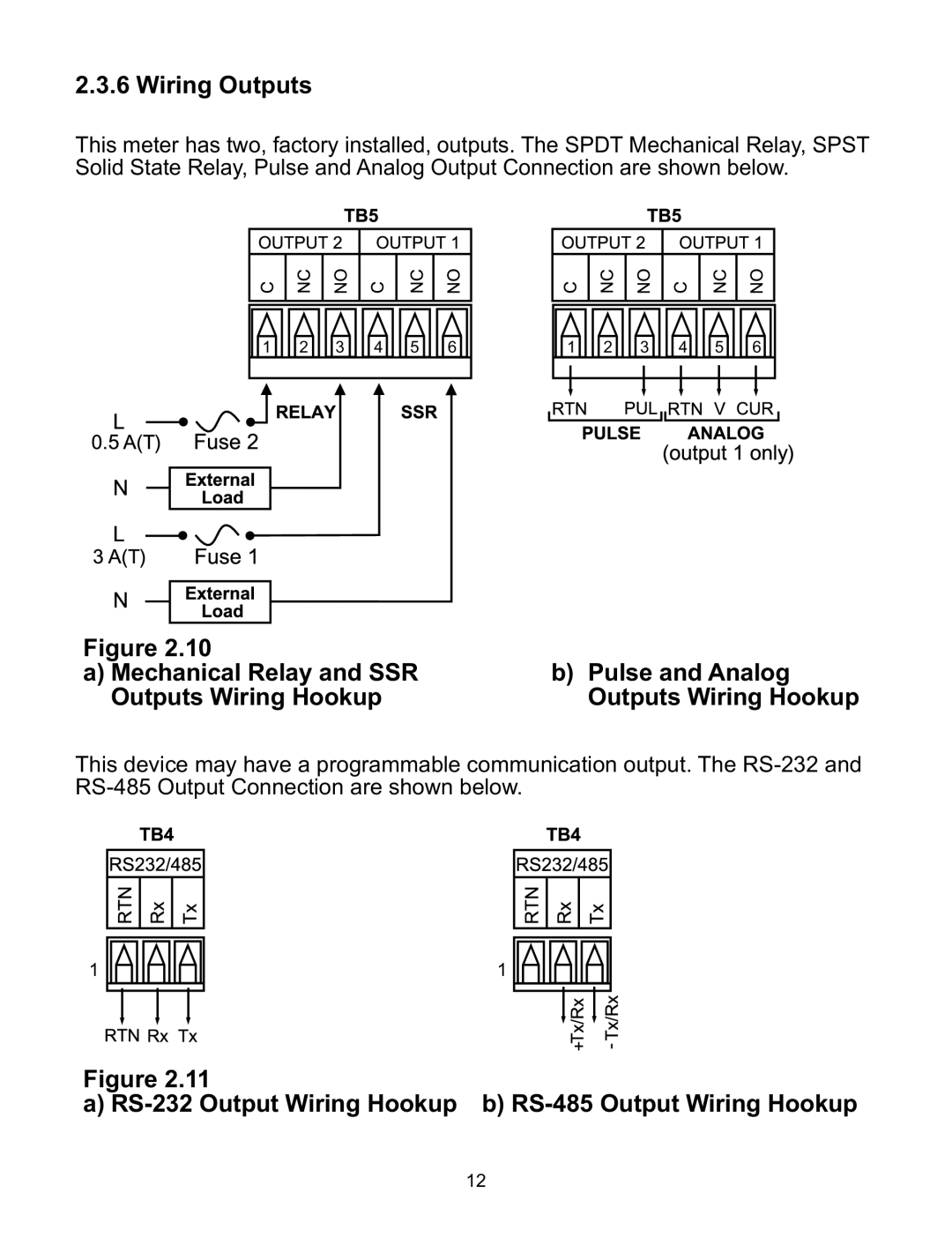 Omega ILD44-UTP manual Wiring Outputs, RS-232 Output Wiring Hookup b RS-485 Output Wiring Hookup, Outputs Wiring Hookup 