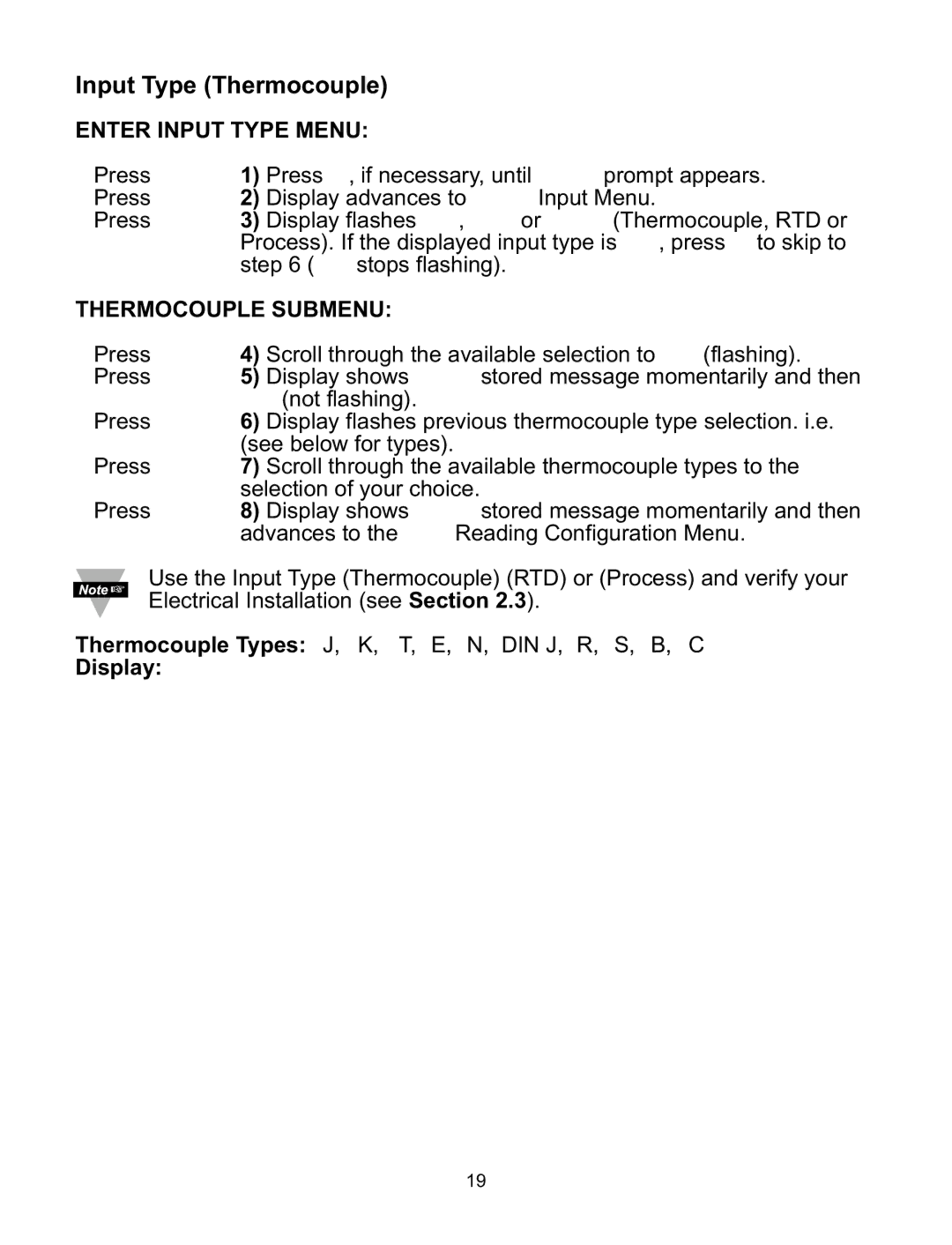 Omega ILD24-UTP manual Input Type Thermocouple, Enter Input Type Menu, Thermocouple Submenu, Thermocouple Types, Display 