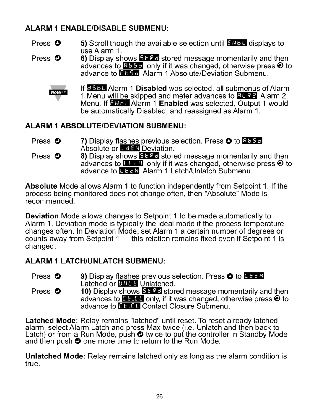 Omega ILD44-UTP manual Alarm 1 ENABLE/DISABLE Submenu, Alarm 1 ABSOLUTE/DEVIATION Submenu, Alarm 1 LATCH/UNLATCH Submenu 