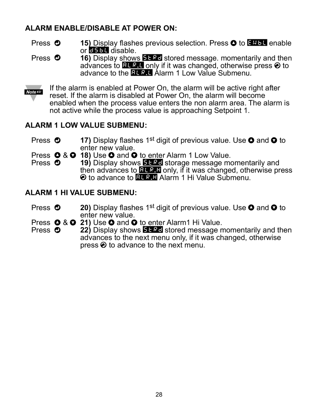 Omega ILD44-UTP, ILD24-UTP manual Alarm ENABLE/DISABLE AT Power on, Alarm 1 LOW Value Submenu, Alarm 1 HI Value Submenu 