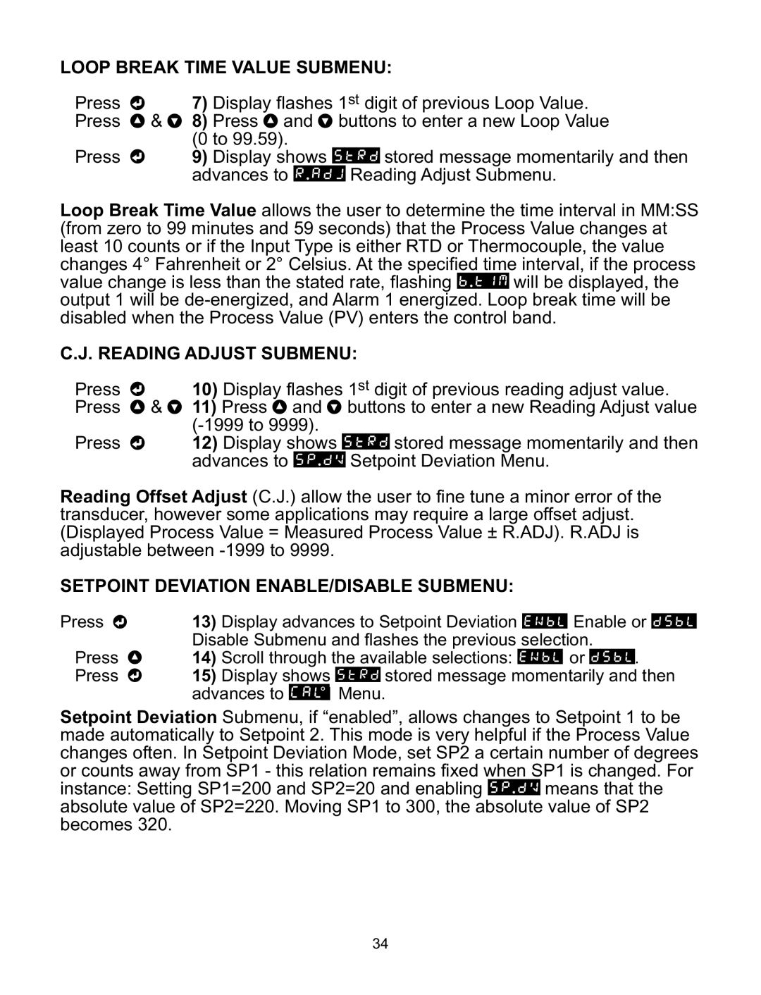 Omega ILD44-UTP manual Loop Break Time Value Submenu, Reading Adjust Submenu, Setpoint Deviation ENABLE/DISABLE Submenu 