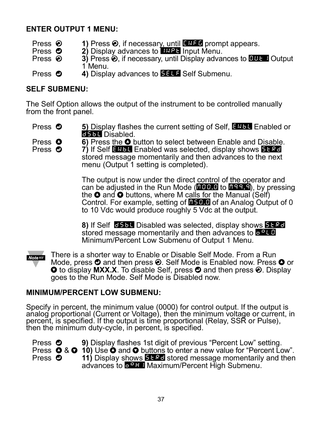 Omega ILD24-UTP, ILD44-UTP manual Enter Output 1 Menu, Self Submenu, MINIMUM/PERCENT LOW Submenu 