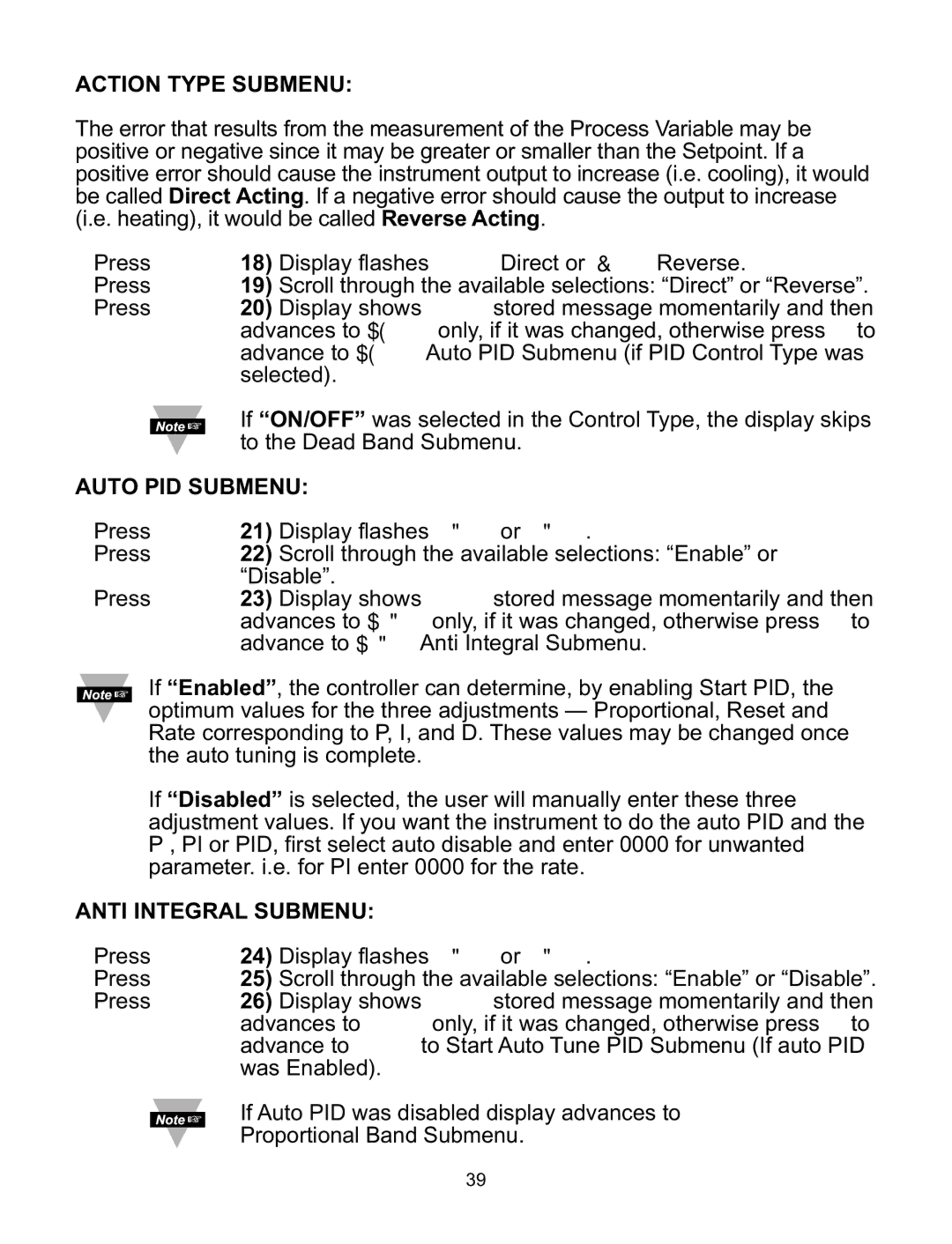 Omega ILD24-UTP, ILD44-UTP manual Action Type Submenu, Auto PID Submenu, Anti Integral Submenu 