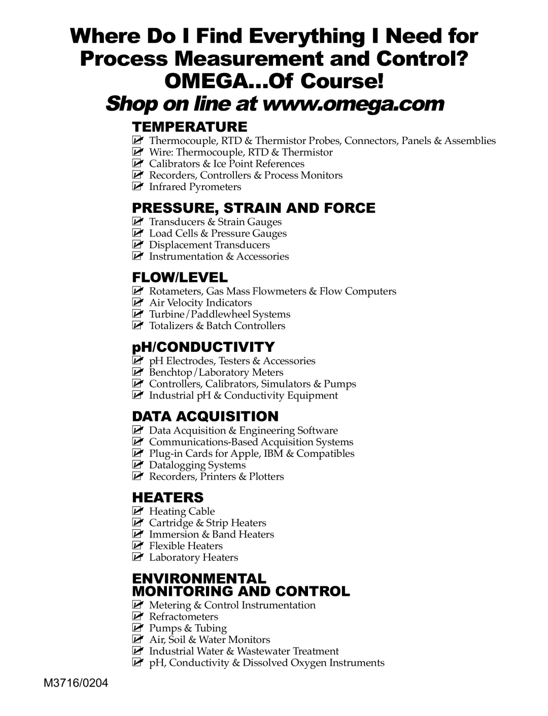 Omega ILD24-UTP, ILD44-UTP manual Temperature, PRESSURE, Strain and Force, Flow/Level, Data Acquisition, Heaters 