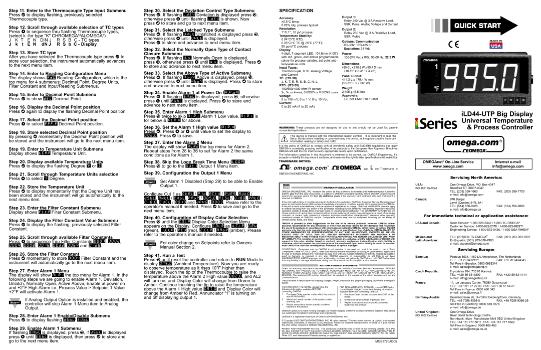 Omega ILD44-UTP owner manual Specification 