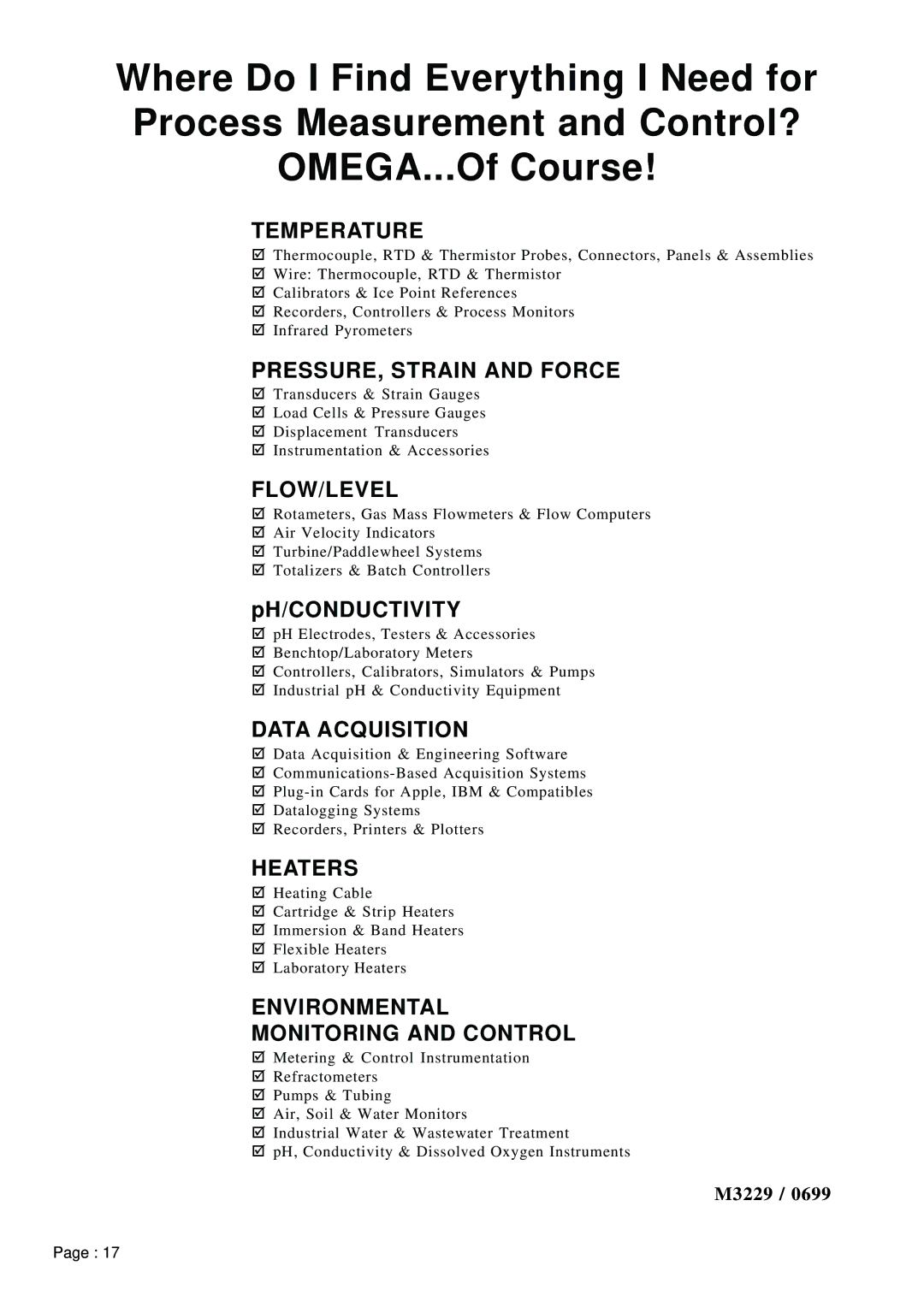 Omega LDP-146, LDP-126, LDP-124, LDP-144 manual Temperature, PRESSURE, Strain and Force, Flow/Level, Data Acquisition, Heaters 