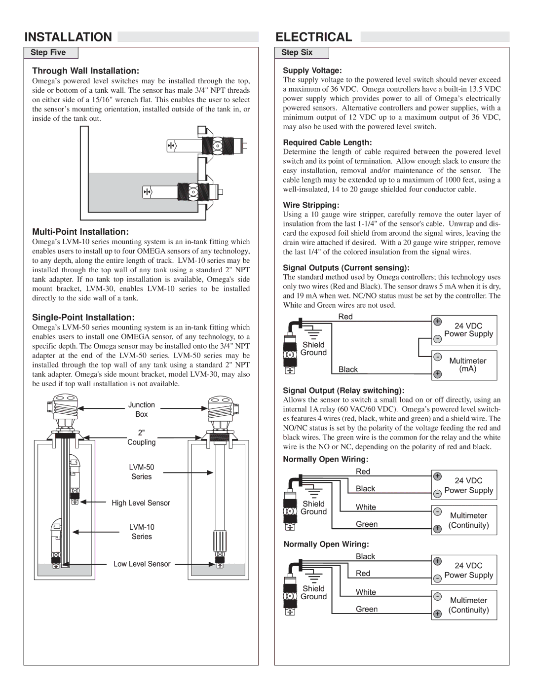 Omega LVF-210, LVU-150 Electrical, Through Wall Installation, Multi-Point Installation, Single-Point Installation 