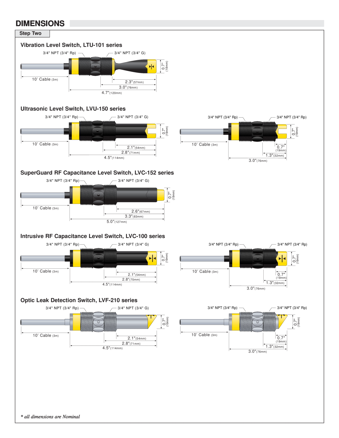 Omega LVC-152 Dimensions, Vibration Level Switch, LTU-101 series, Ultrasonic Level Switch, LVU-150 series, Step Two 