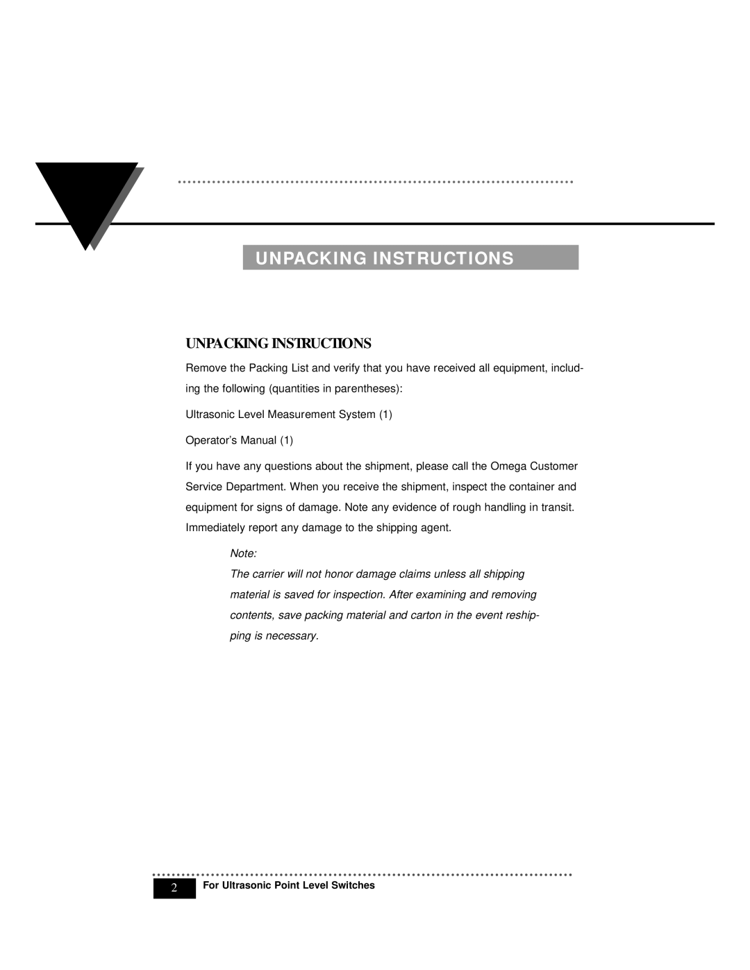 Omega LVUD-101, LVU-700 manual Unpacking Instructions 