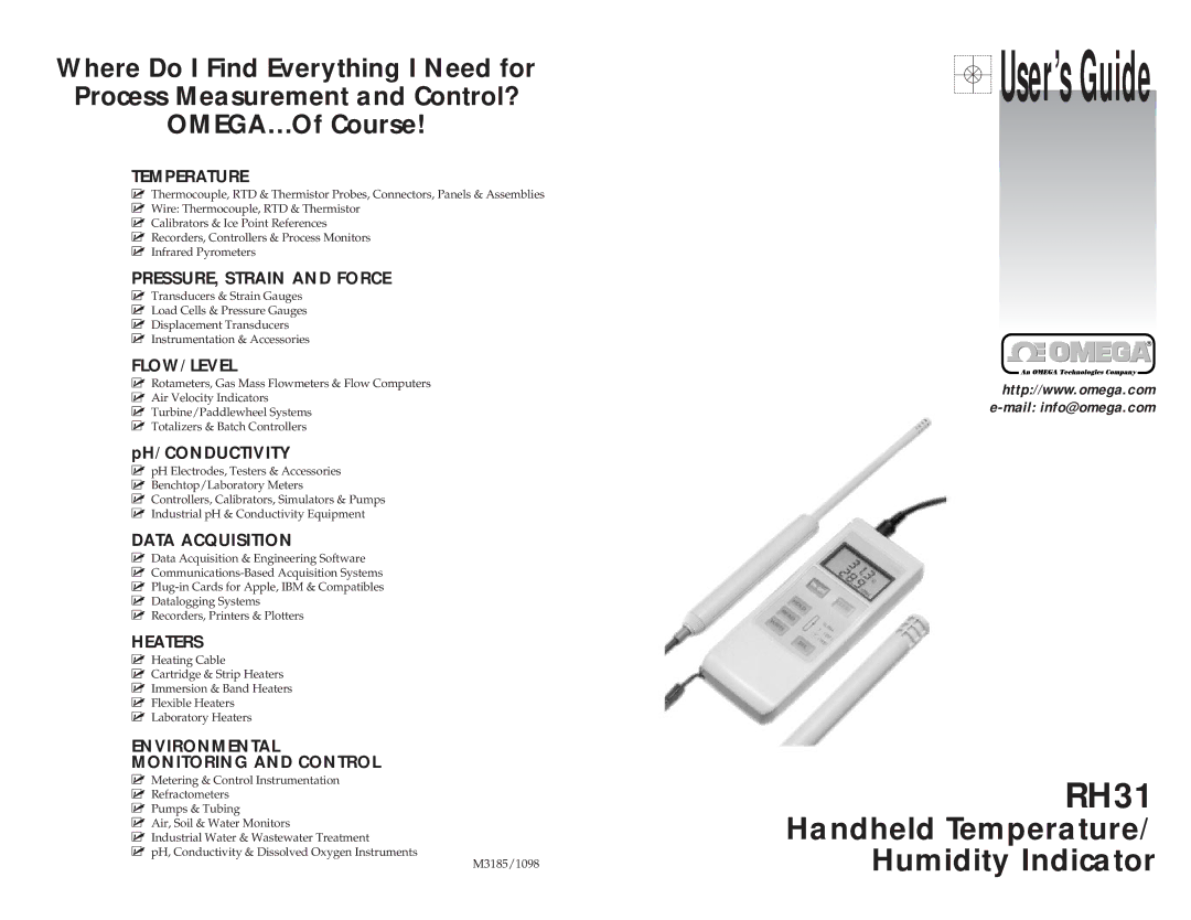 Omega M3185/1098 manual Temperature, PRESSURE, Strain and Force, Flow/Level, Data Acquisition, Heaters 