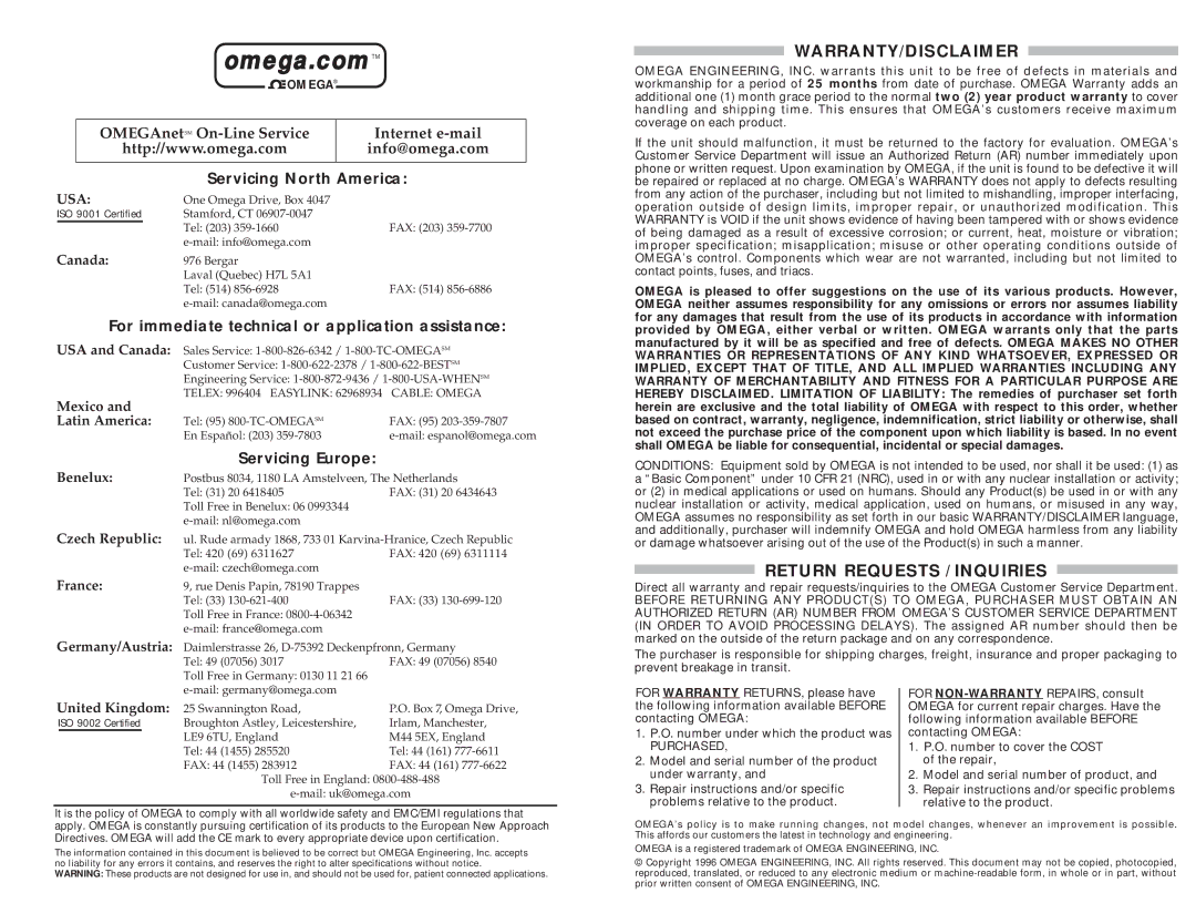 Omega M3185/1098 manual Warranty/Disclaimer, Return Requests / Inquiries, Usa 