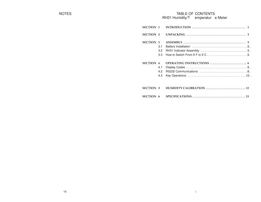 Omega M3185/1098 manual Table of Contents 