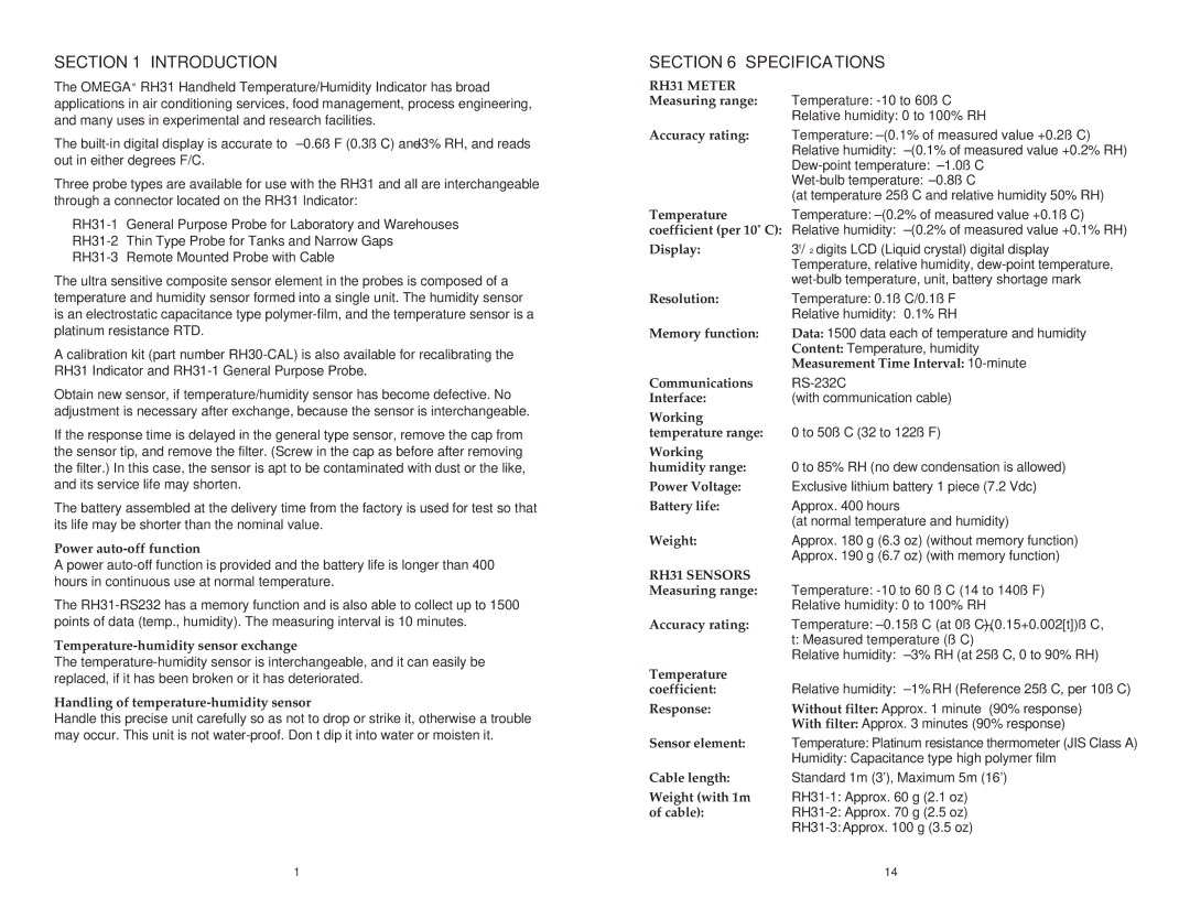 Omega M3185/1098 manual Introduction, Specifications, RH31 Meter, RH31 Sensors 