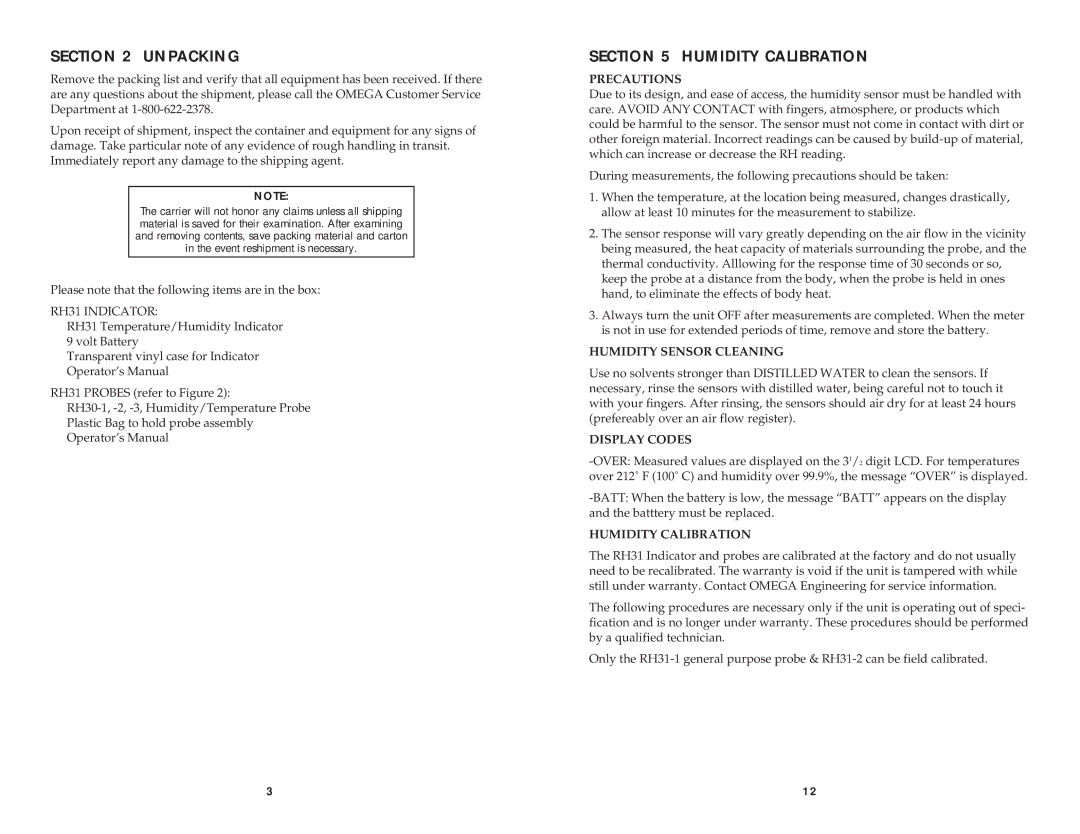 Omega M3185/1098 manual Unpacking, Humidity Calibration, Precautions, Humidity Sensor Cleaning, Display Codes 
