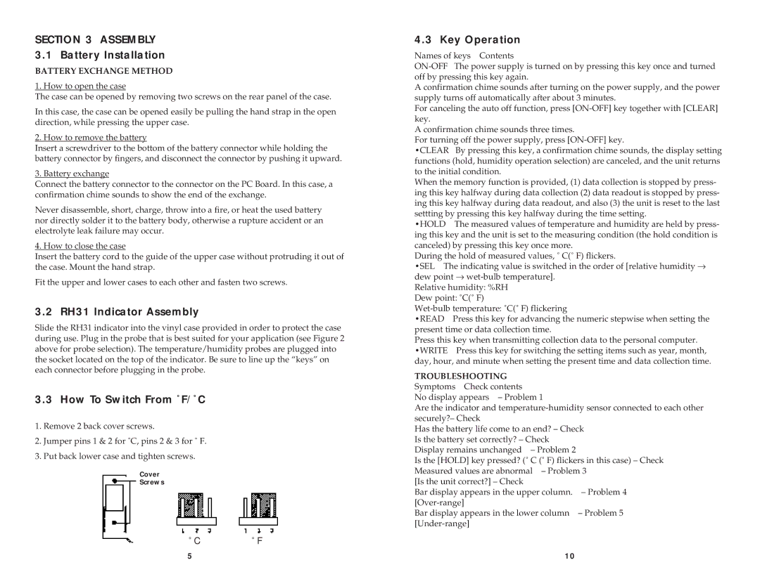 Omega M3185/1098 manual Assembly 3.1 Battery Installation, RH31 Indicator Assembly, How To Switch From ˚F/˚C, Key Operation 