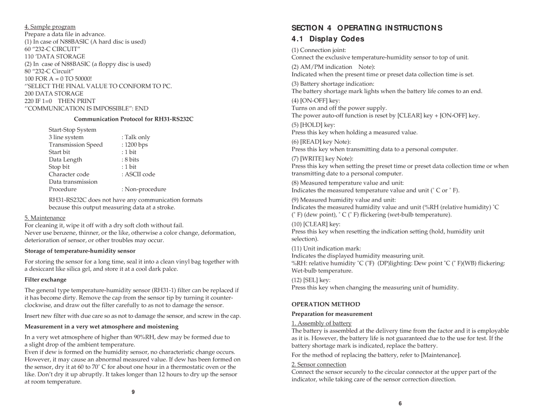 Omega M3185/1098 manual Operating Instructions 4.1 Display Codes, Operation Method 