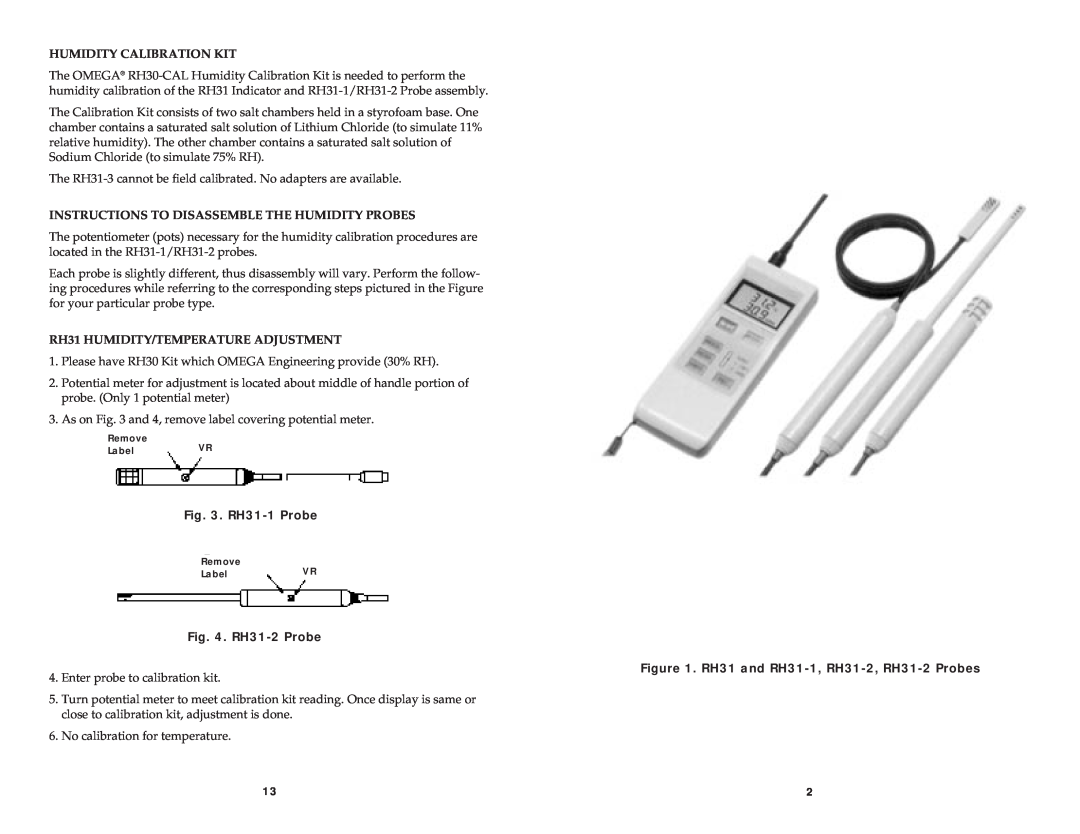 Omega M3185/1098 manual Humidity Calibration Kit, Instructions To Disassemble The Humidity Probes, RH31-1Probe, RH31-2Probe 