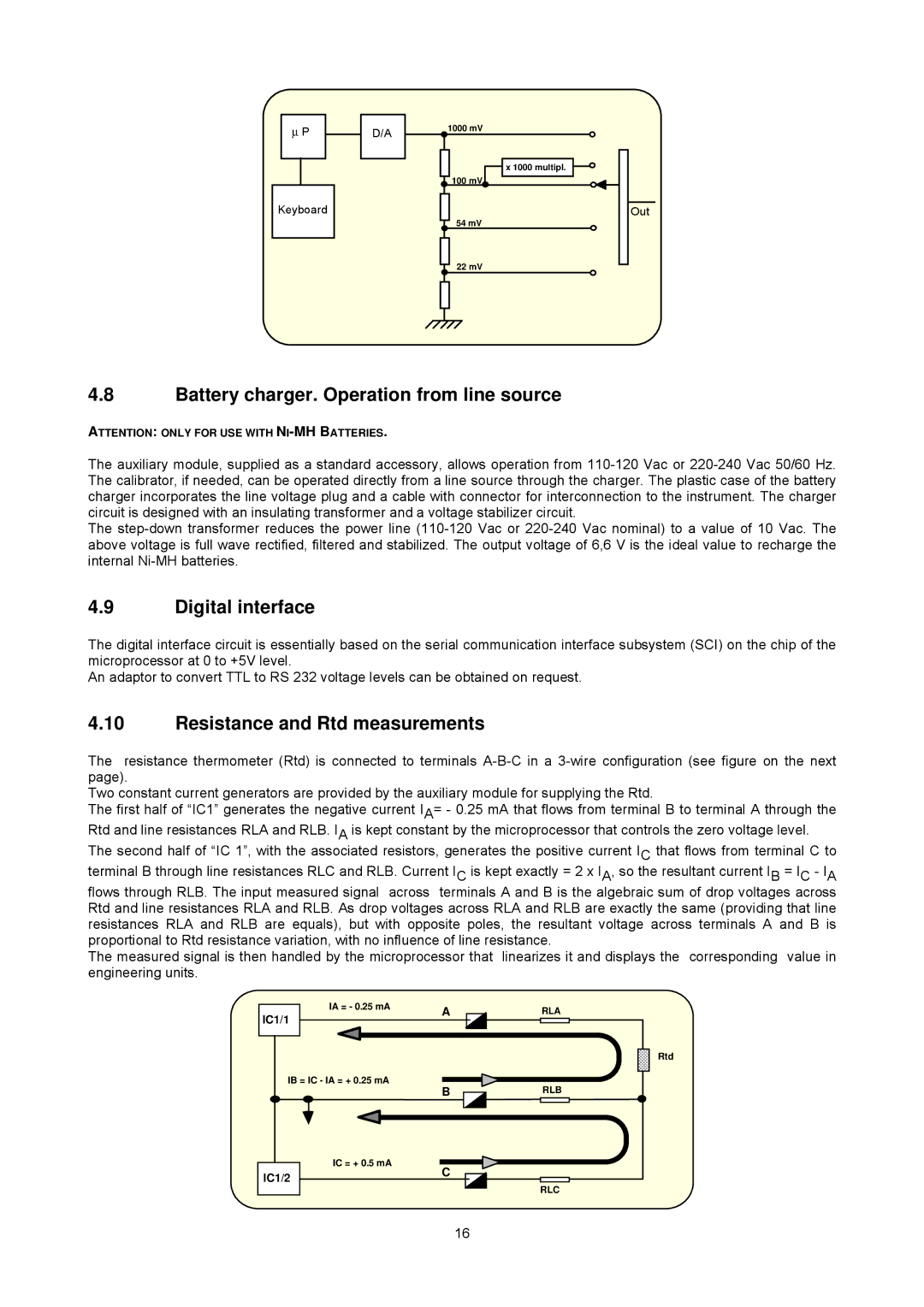 Omega CL526 manual Battery charger. Operation from line source, Resistance and Rtd measurements 