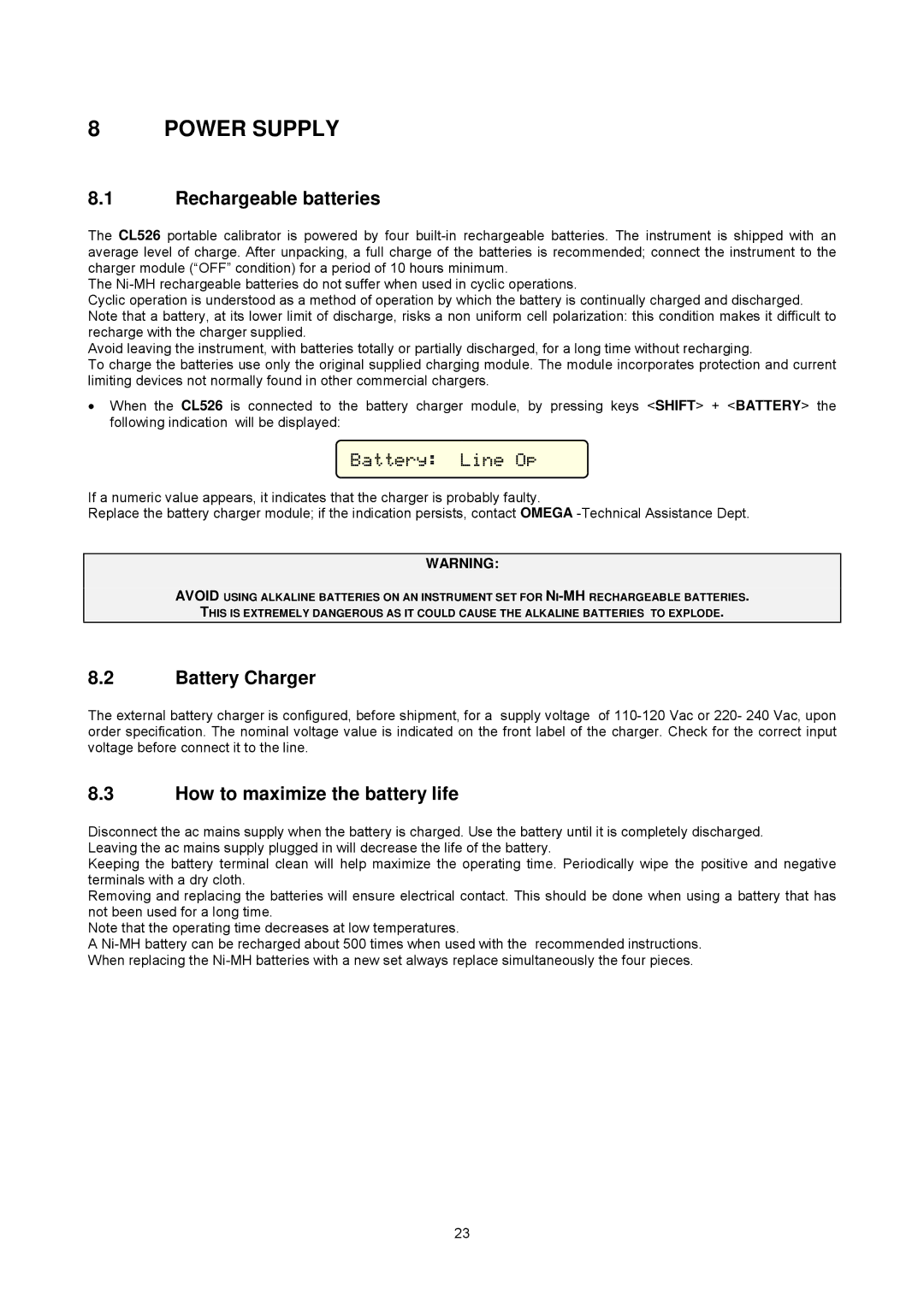 Omega Multifunction Indicator-Simulator, CL526 manual Power Supply, Rechargeable batteries, Battery Charger, Battery Line Op 