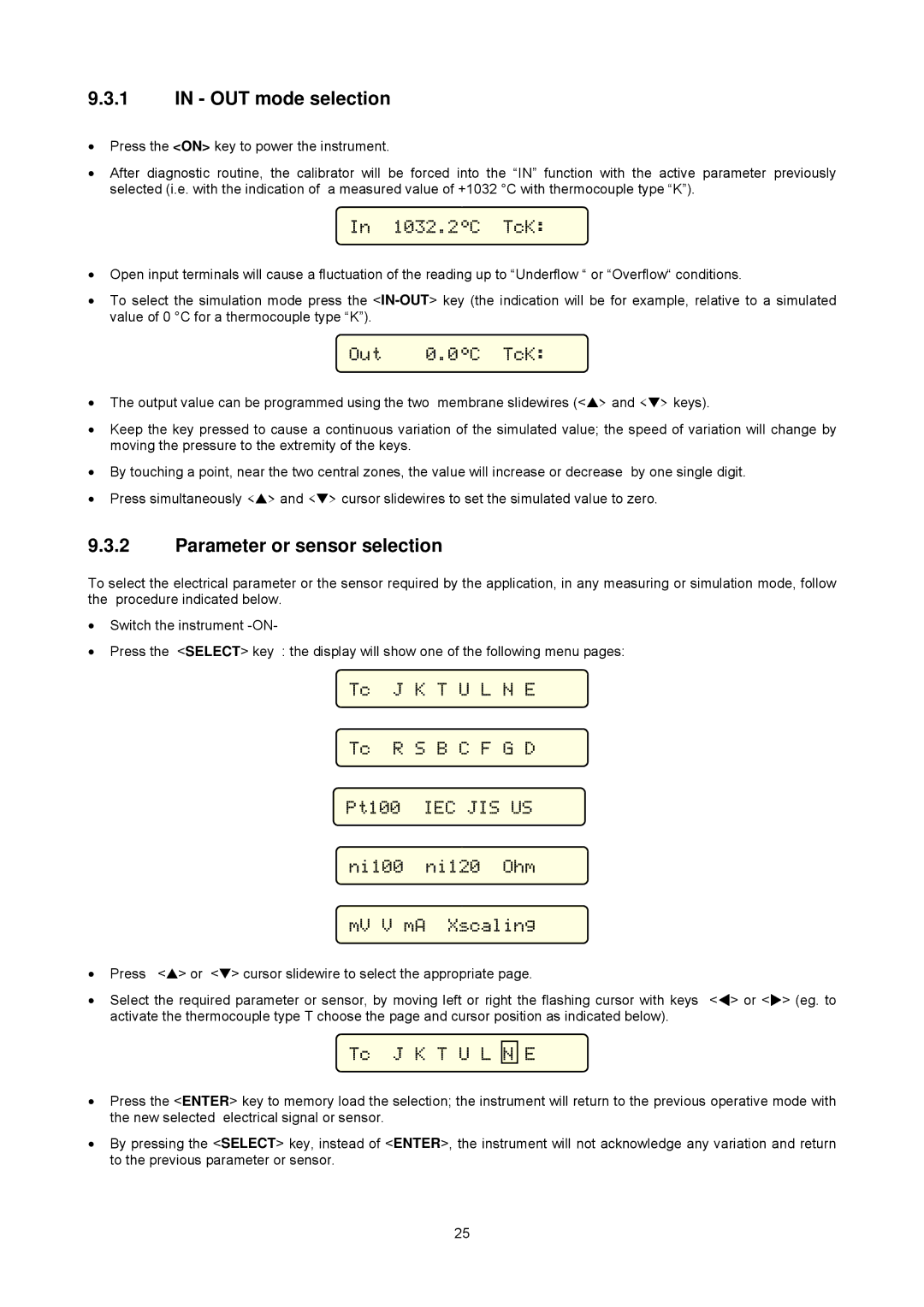 Omega Multifunction Indicator-Simulator manual OUT mode selection, Parameter or sensor selection, 1032.2C TcK, Out 0.0C TcK 