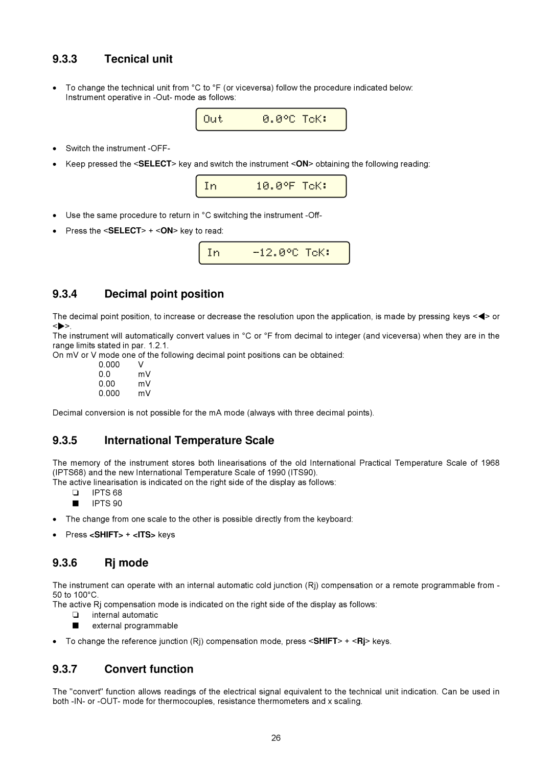 Omega CL526 manual Tecnical unit, Decimal point position, International Temperature Scale, Rj mode, Convert function 