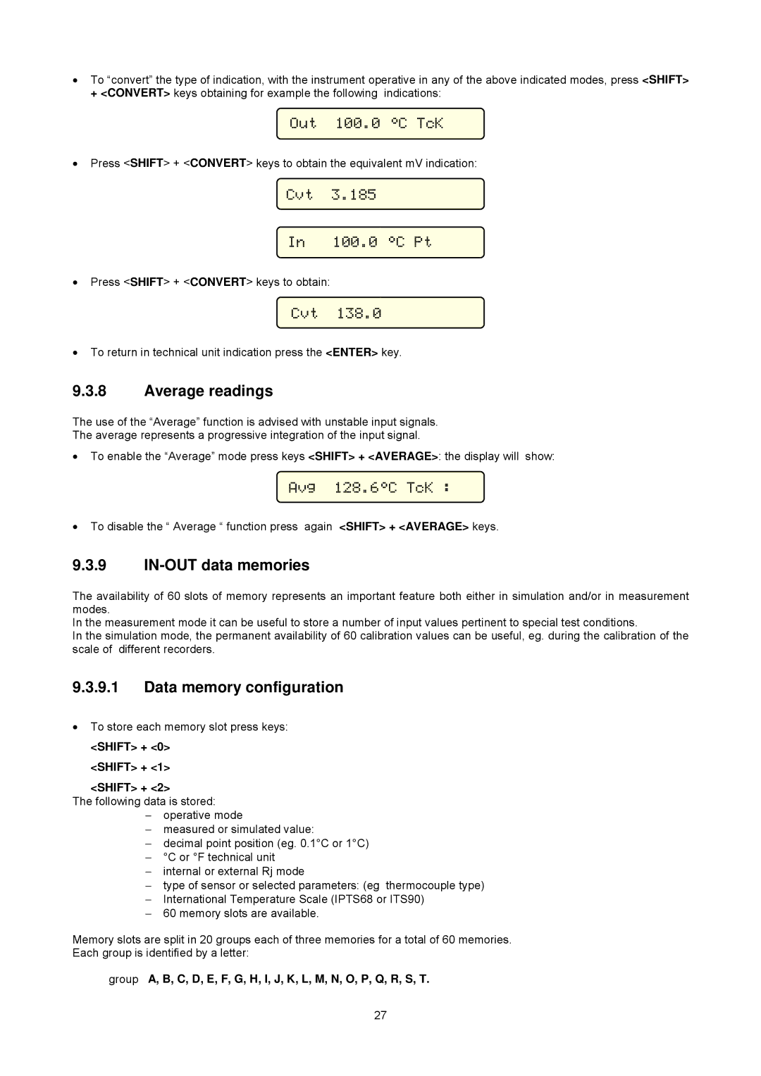 Omega Multifunction Indicator-Simulator, CL526 manual Average readings, IN-OUT data memories, Data memory configuration 