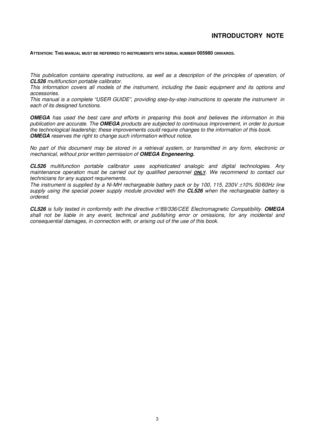 Omega Multifunction Indicator-Simulator, CL526 manual Introductory Note 