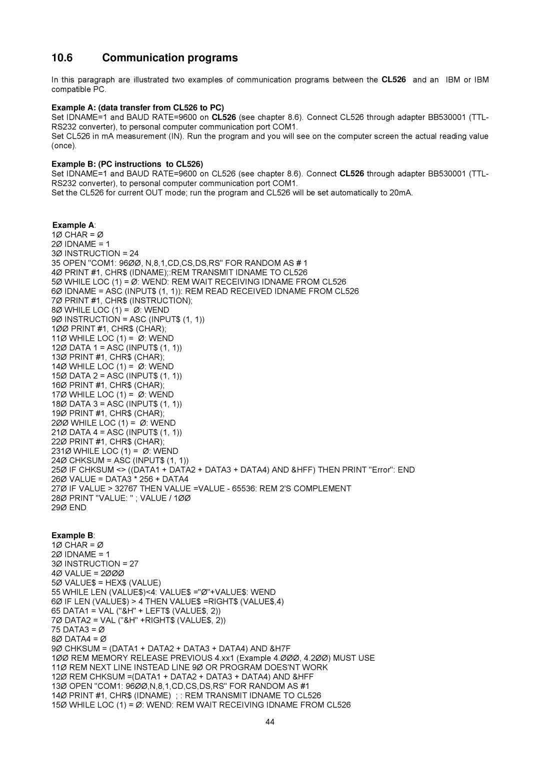 Omega manual Communication programs, Example a data transfer from CL526 to PC, Example B PC instructions to CL526 