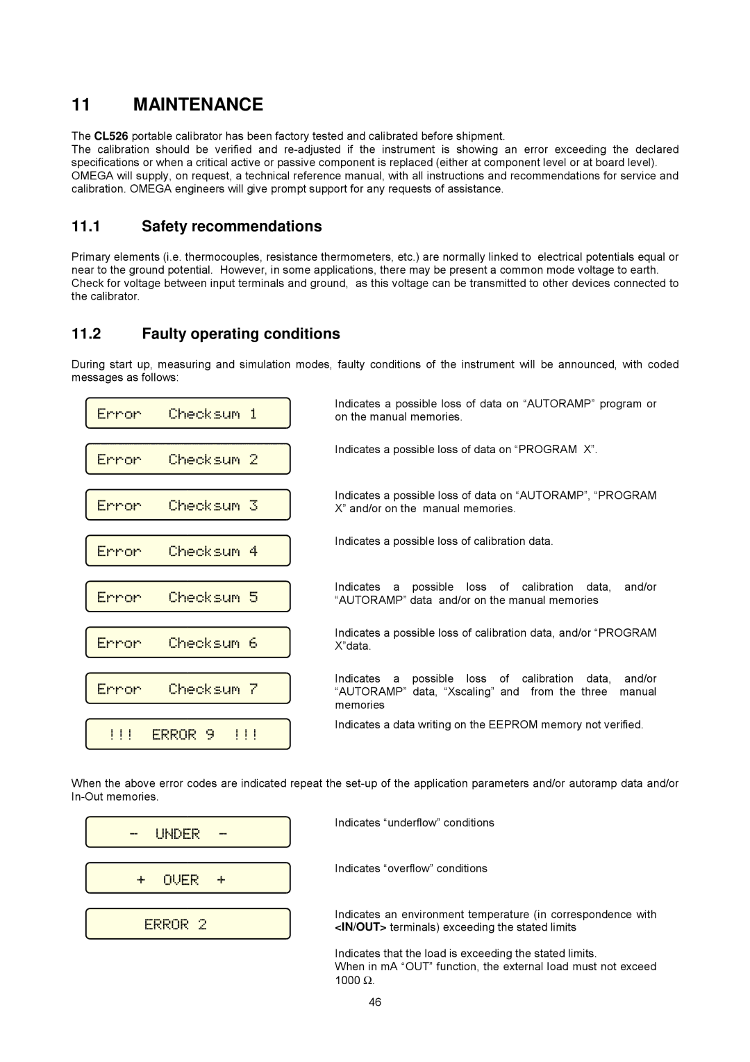 Omega CL526 manual Maintenance, Safety recommendations, Faulty operating conditions, Error Checksum, + Over + 