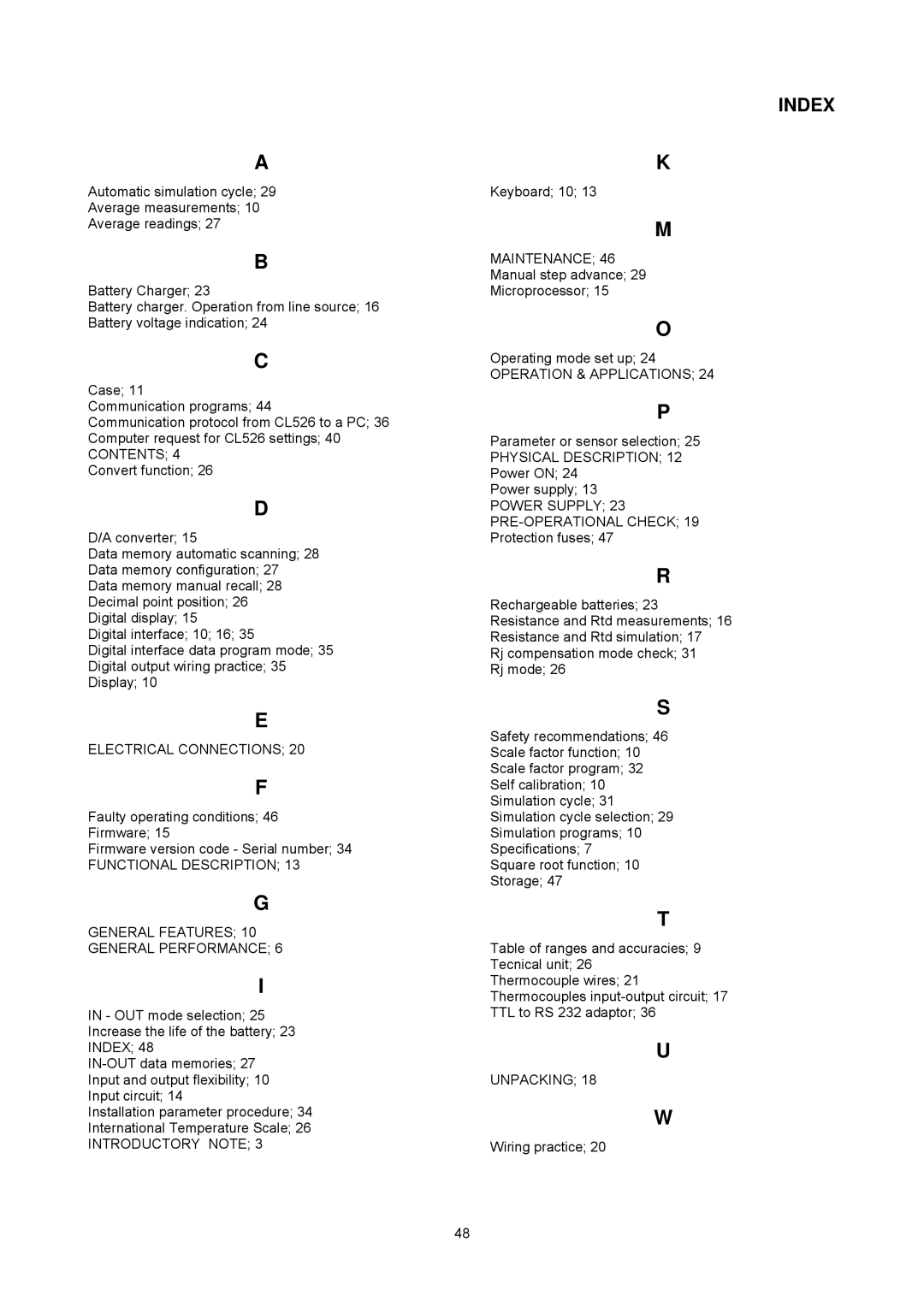 Omega CL526, Multifunction Indicator-Simulator manual Index 