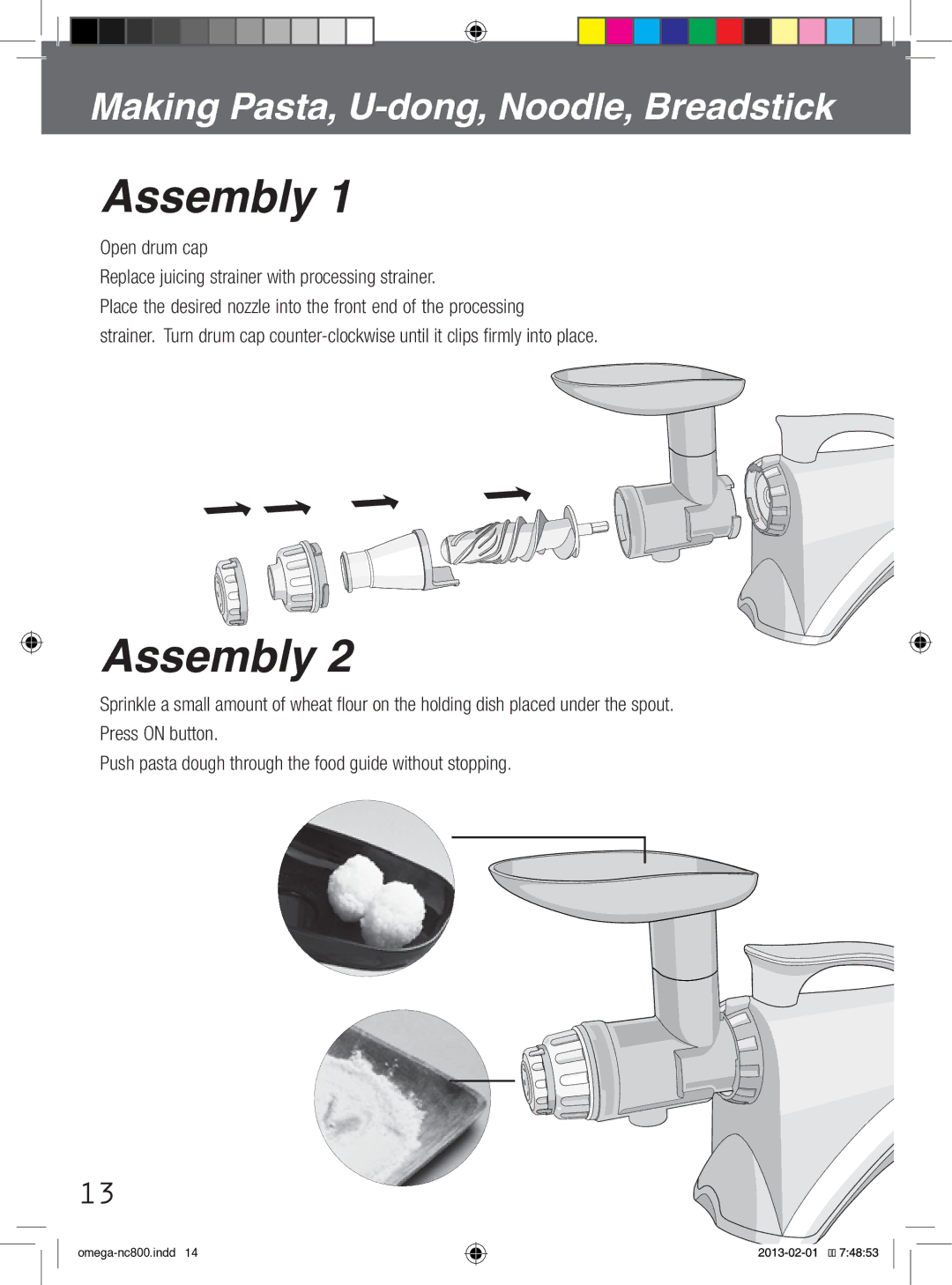 Omega NC800, NC900 instruction manual Making Pasta, U-dong, Noodle, Breadstick 