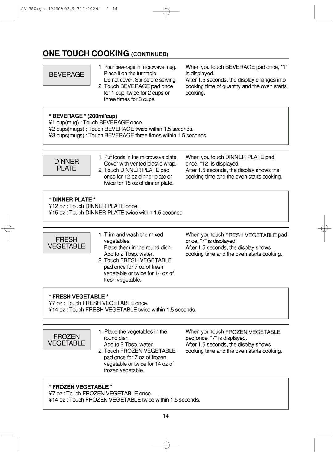Omega OA138X manual Beverage, Dinner Plate, Fresh Vegetable, Frozen Vegetable 