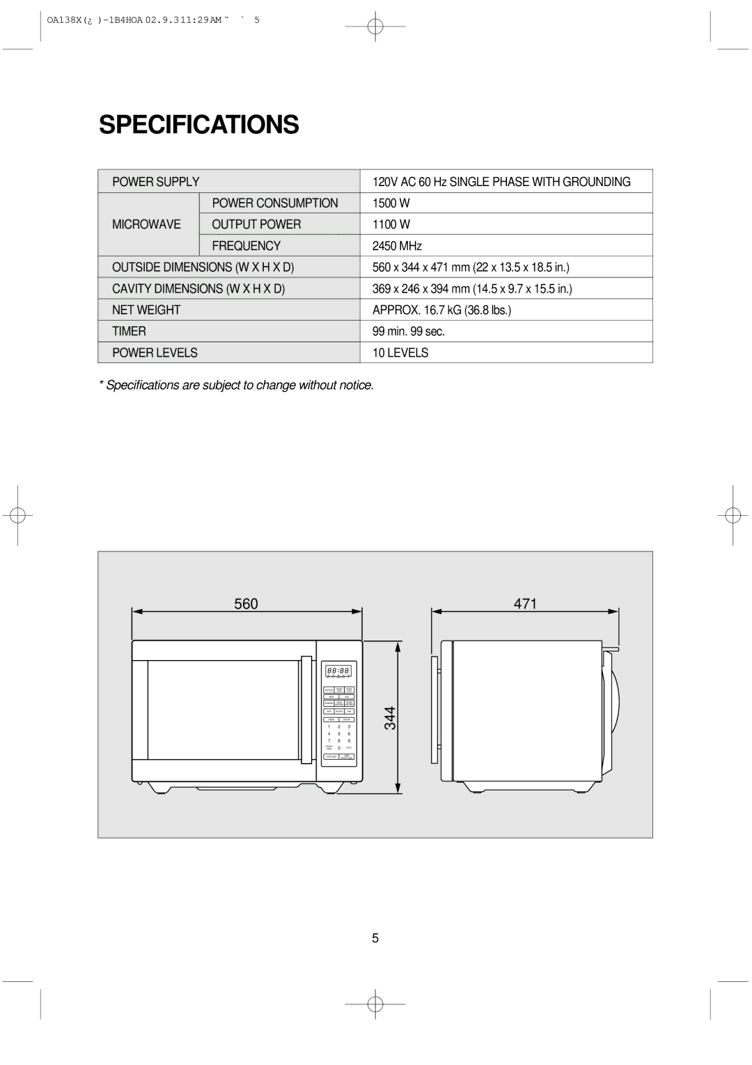 Omega OA138X manual Specifications 