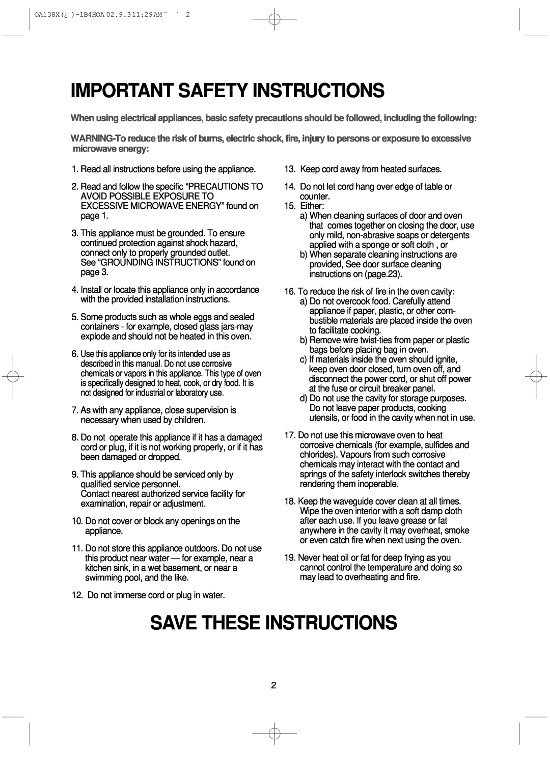 Omega OA138X manual Important Safety Instructions, Save These Instructions 
