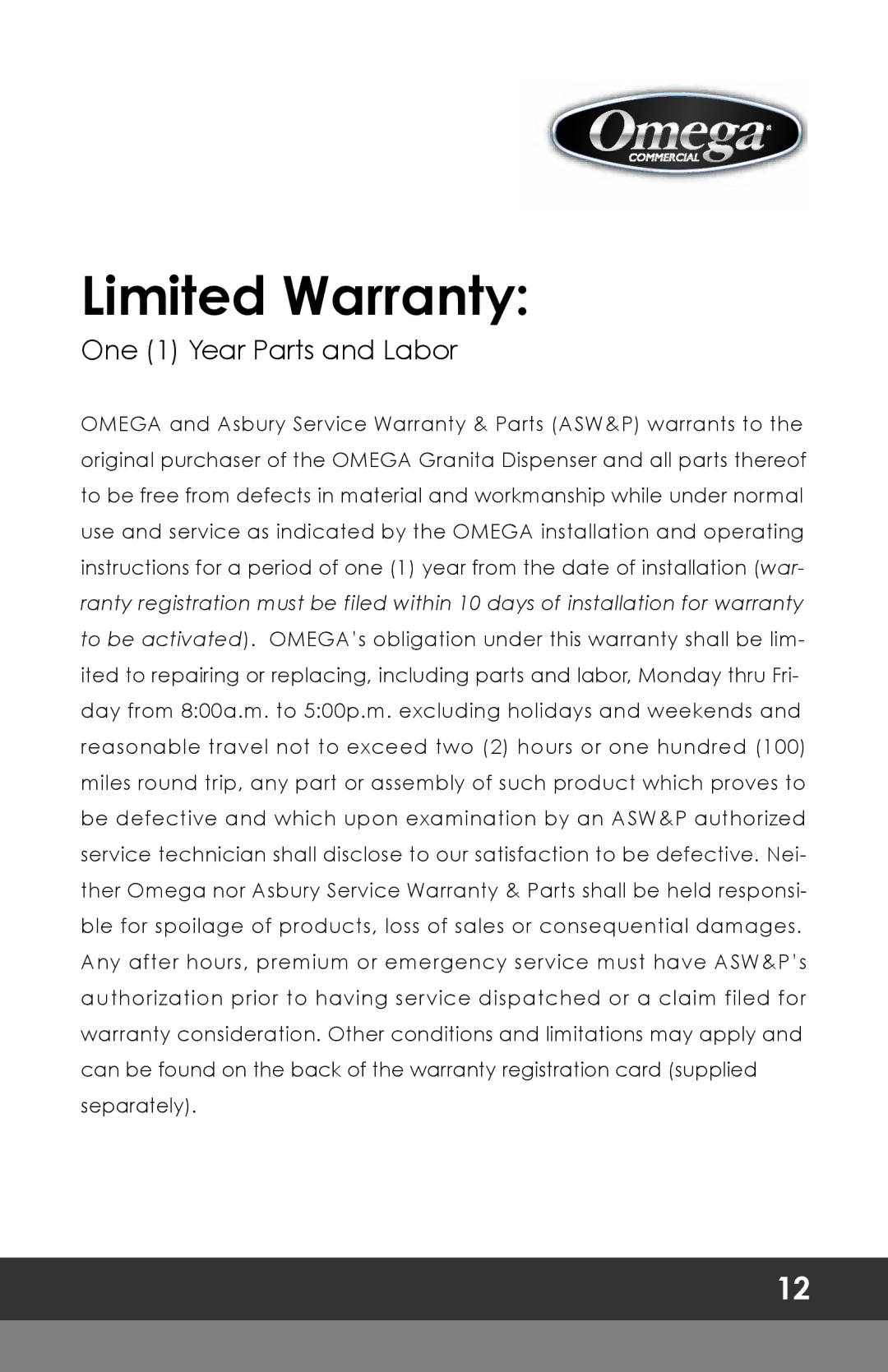 Omega OFS20, OFS30 instruction manual Limited Warranty 