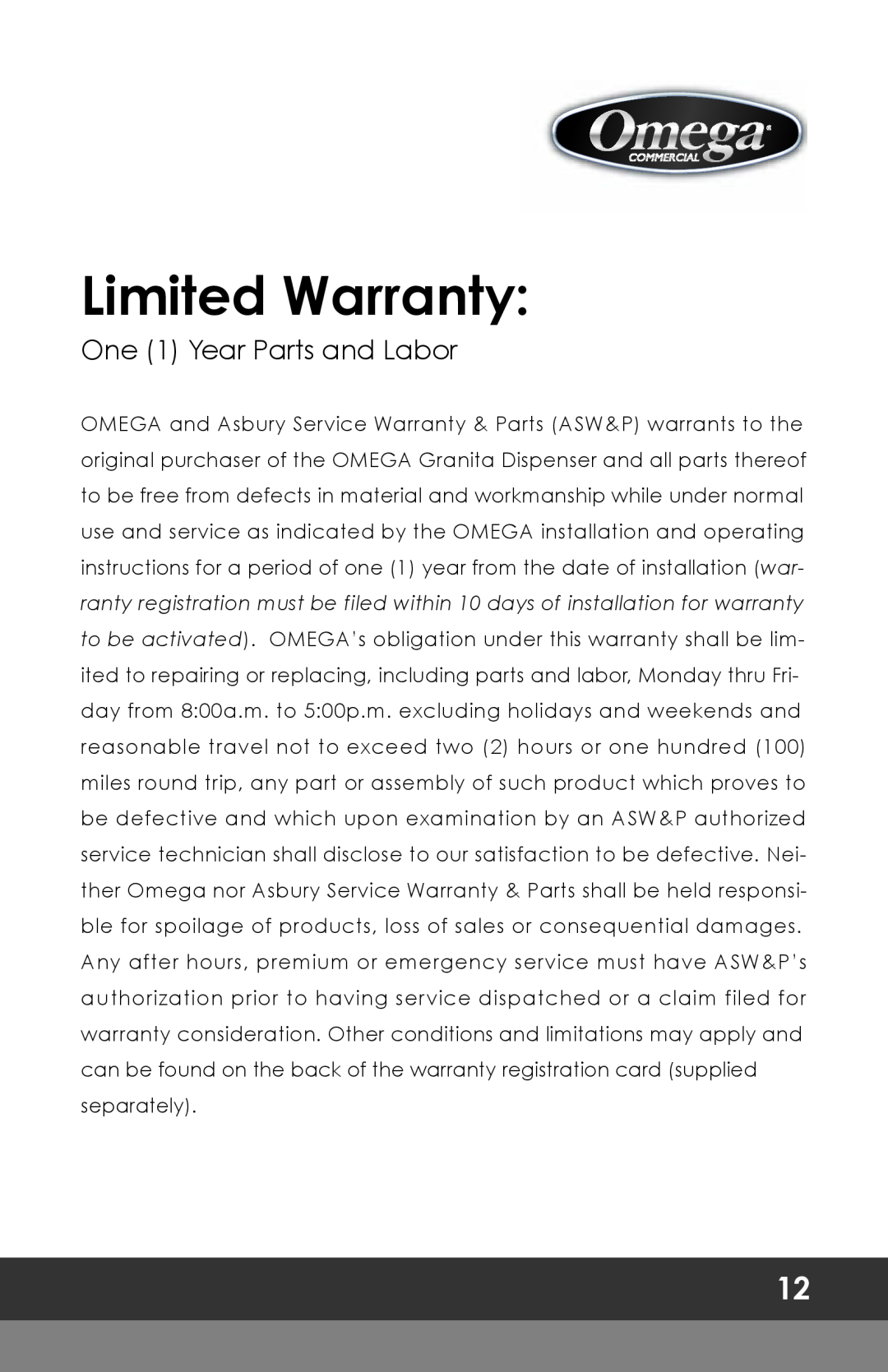 Omega OFS20, OFS30 instruction manual Limited Warranty, One 1 Year Parts and Labor 