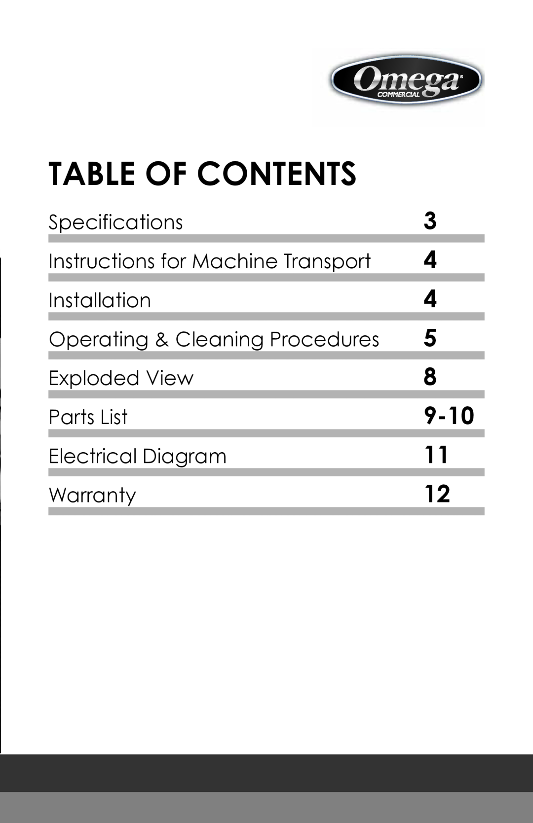 Omega OFS20 Table Of Contents, 9-10, Specifications, Instructions for Machine Transport, Installation, Exploded View 