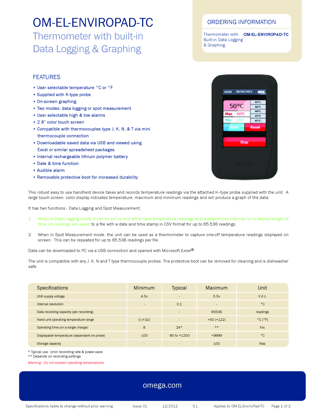 Omega OM-EL-ENVIROPAD-TC warranty Wwwomega.omega.com.com, Features, Ordering Information 