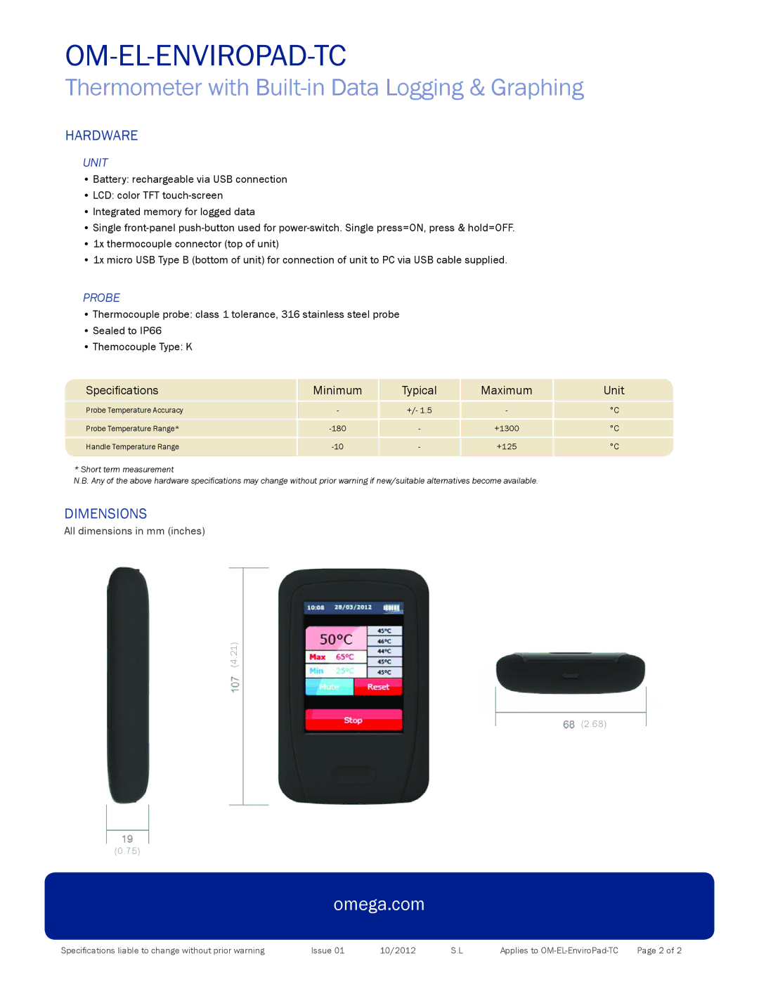 Omega OM-EL-ENVIROPAD-TC warranty Omega.com, Hardware, Dimensions 